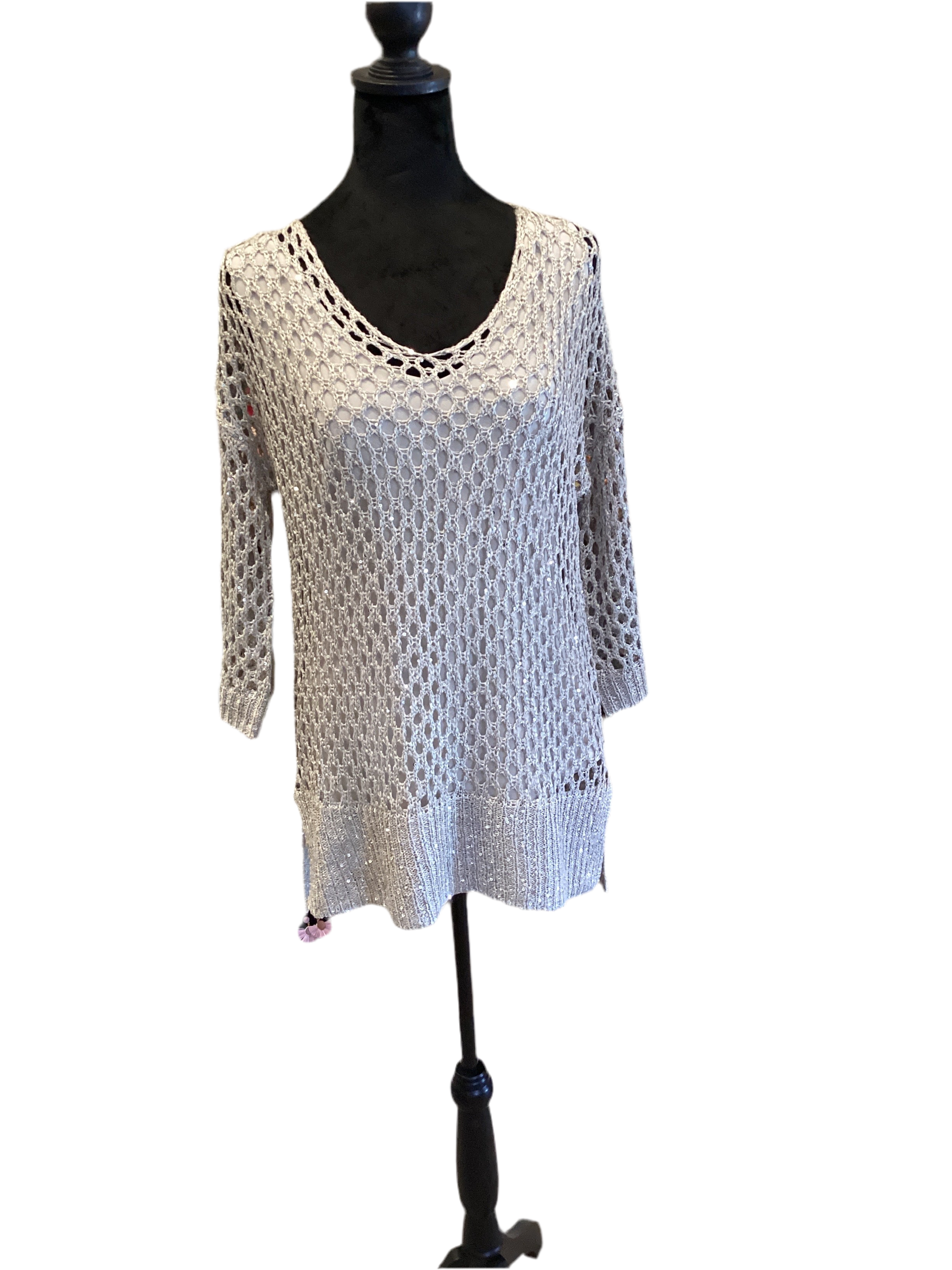 Joseph Ribkoff beige crochet sweater with silver sequins