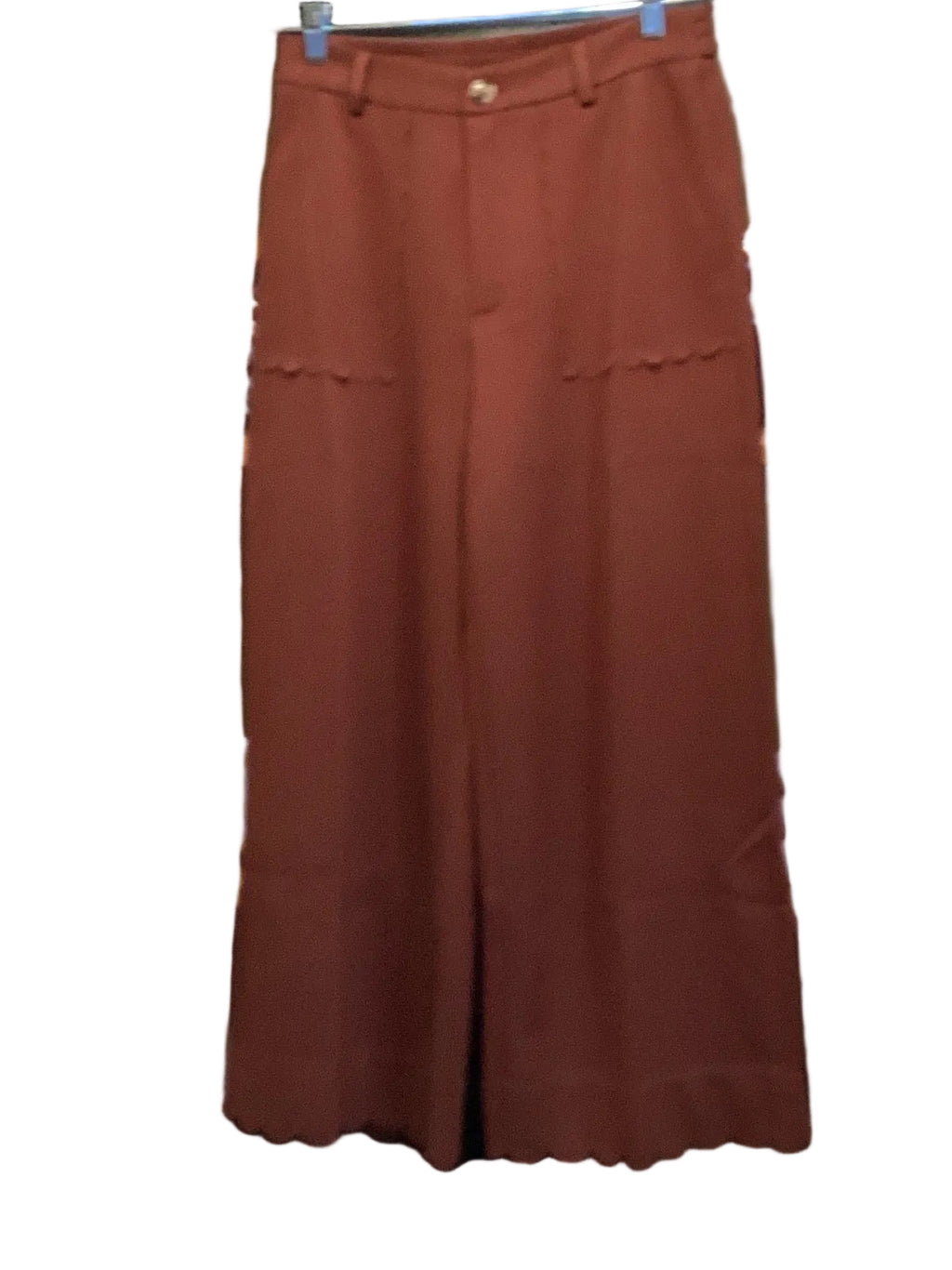 Jodifl brown front zip wide leg pants with scalloped hem & pockets
