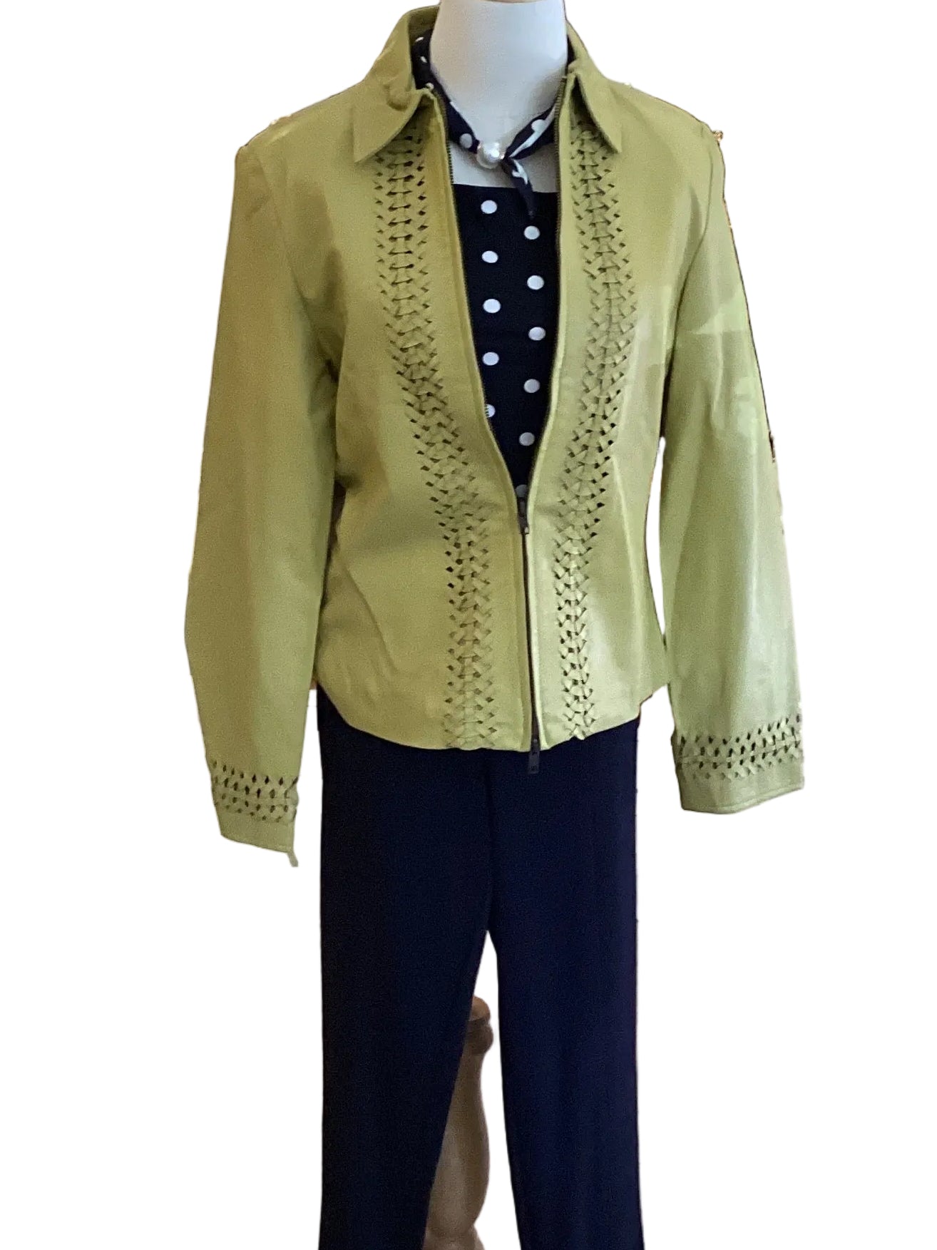 LTX Mix olive faux leather jacket with front and cuff woven accent