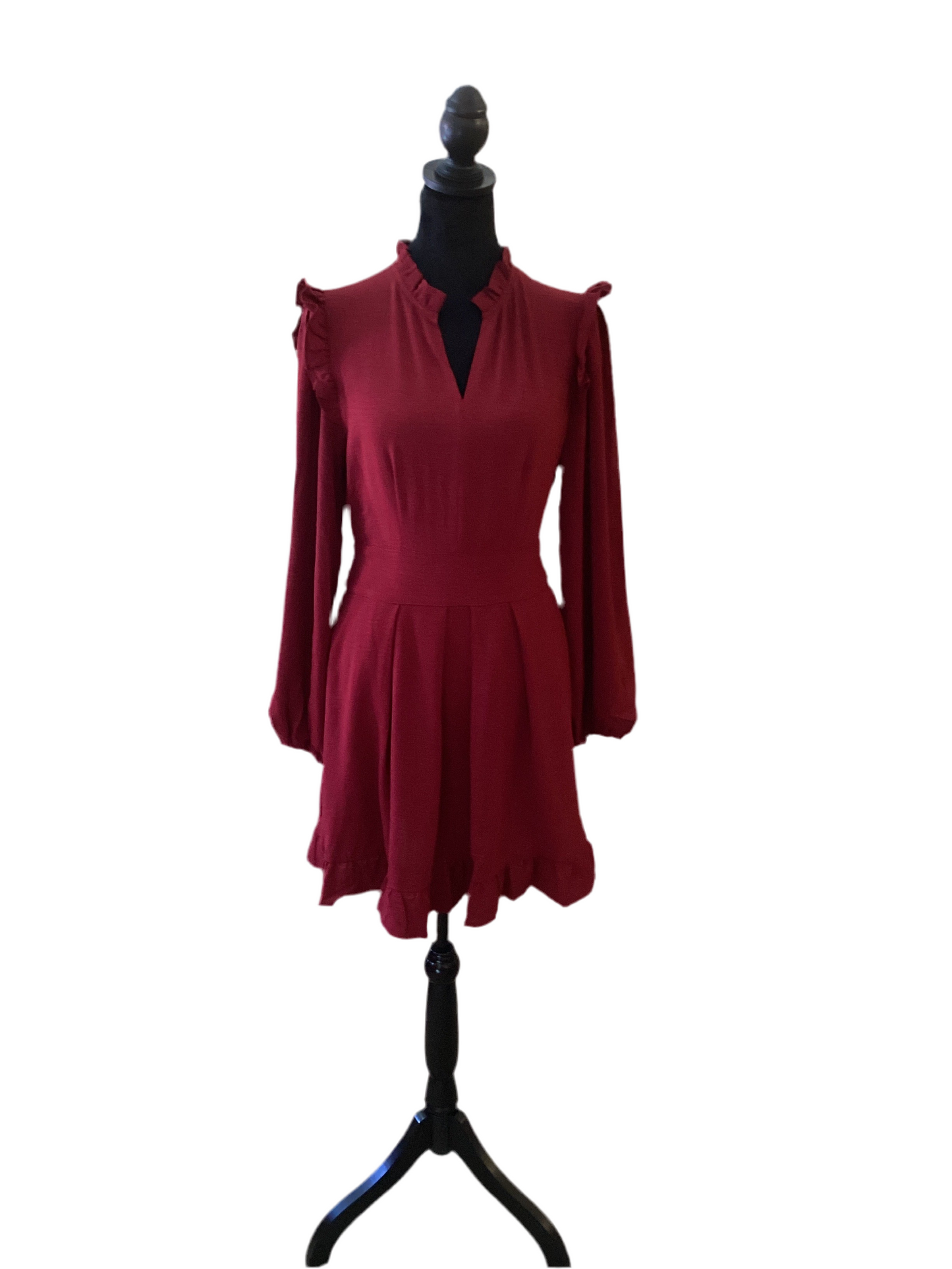 Jodifl burgundy ruffle-him long sleeve dress w/ pockets