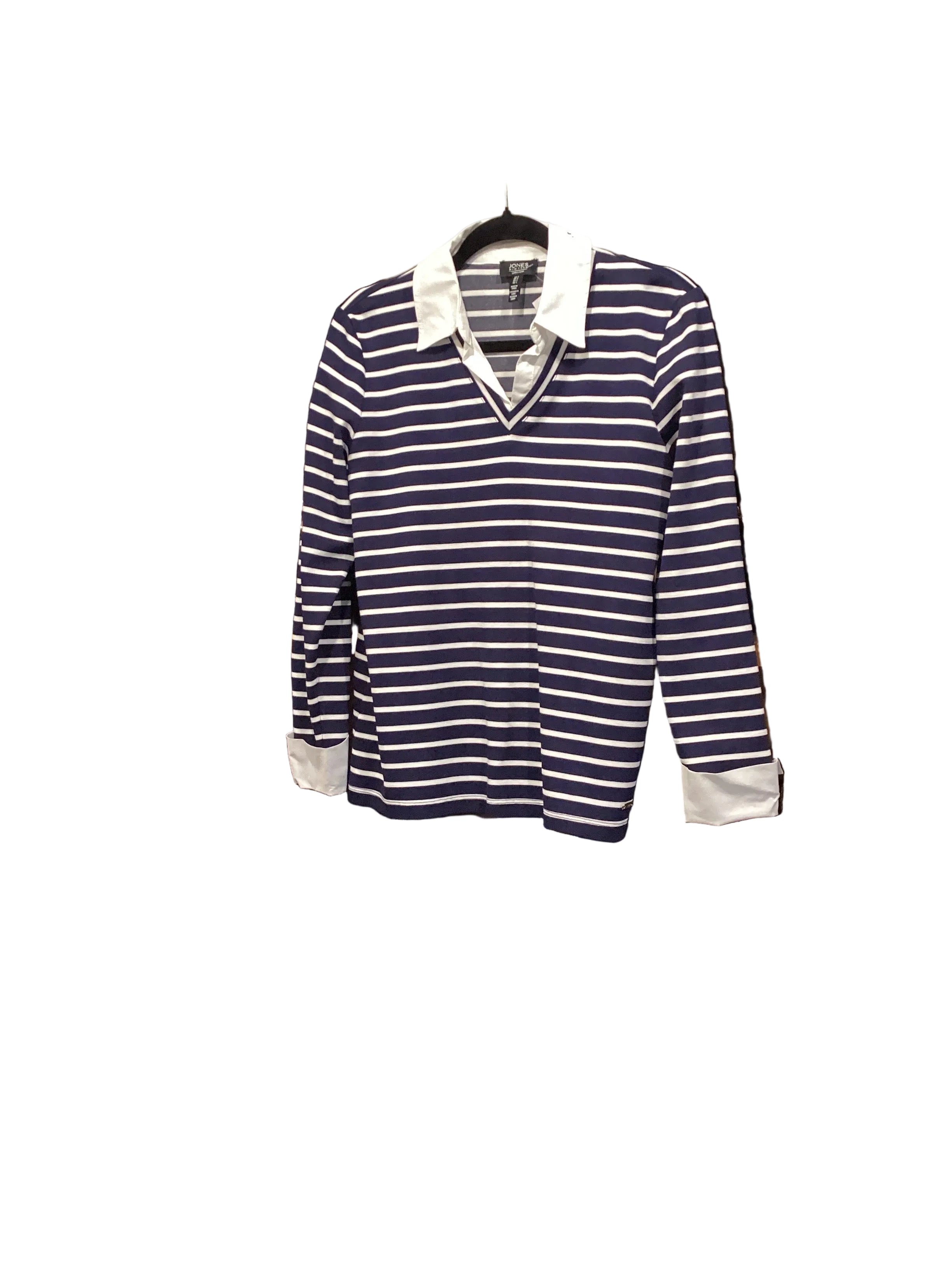 Jones of NY navy white stripe top with faux collar / cuffs