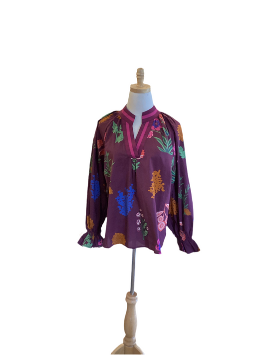 Umgee burgundy flowered v neck long sleeve top