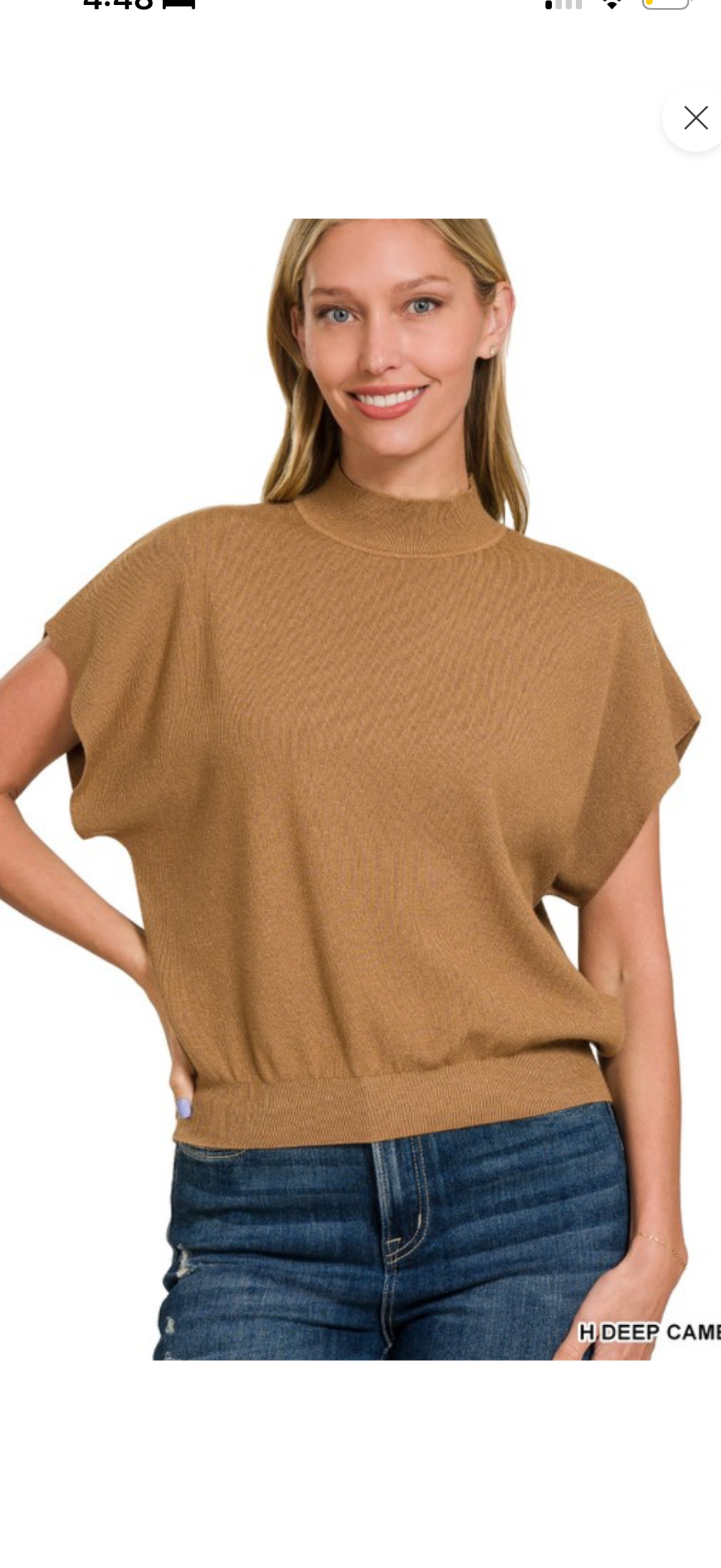Zenana Cocoa Mock Neck Cap Sleeve Knit Top