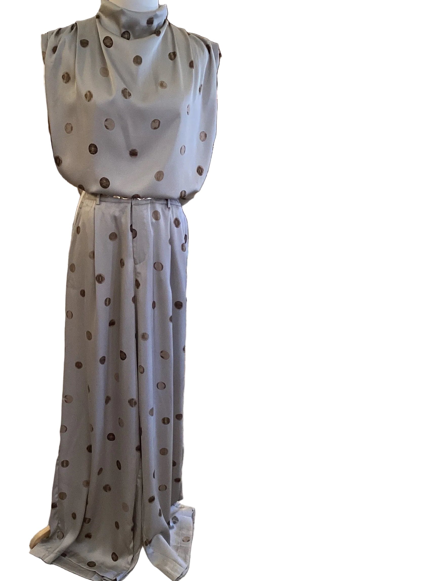 Glam taupe cowl mock neck sleeveless polka dot top