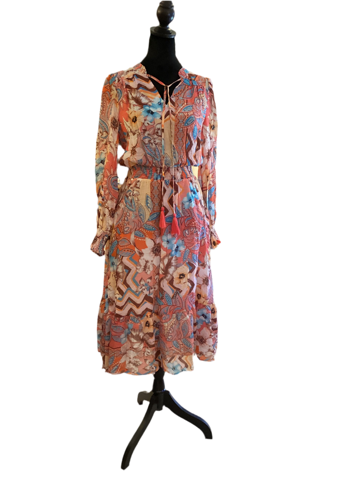 Fate brown and orange print long sleeve maxi