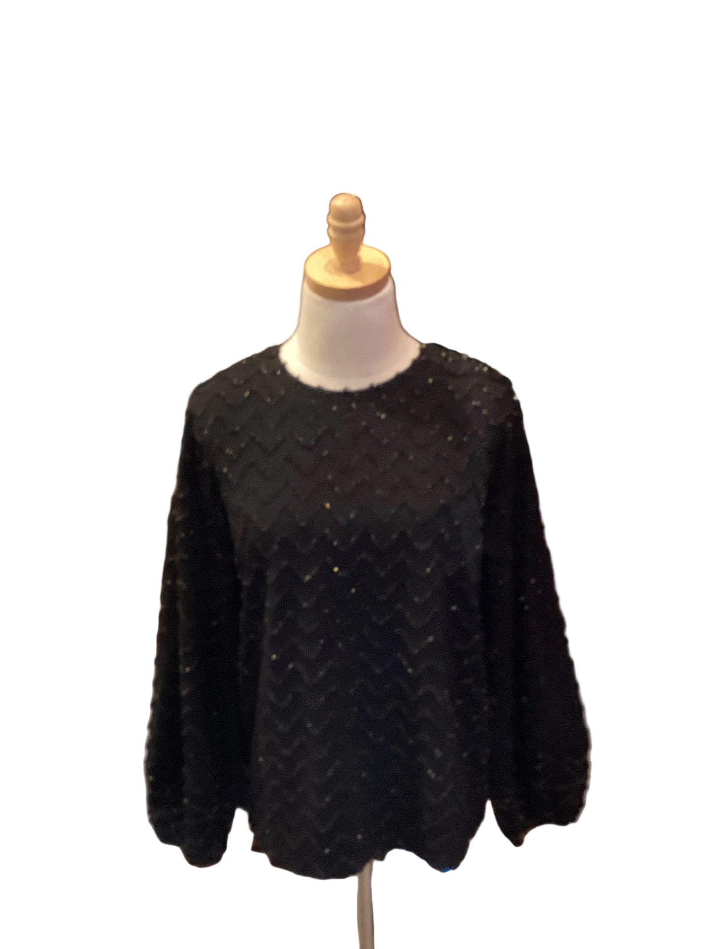 See and Be Seen black shimmer zigzag top with balloon sleeve