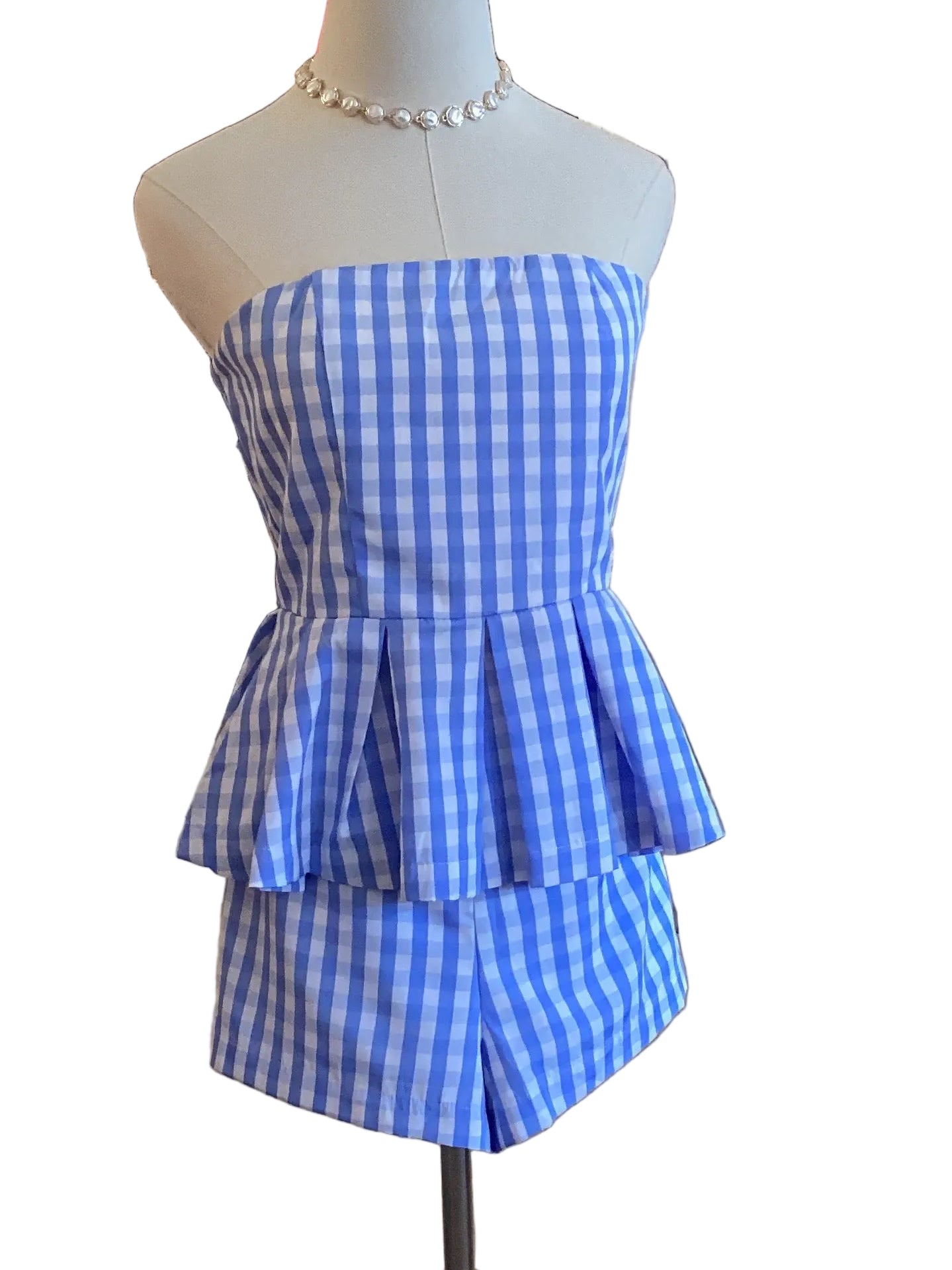 TCEC blue & white checked strapless peplum top
