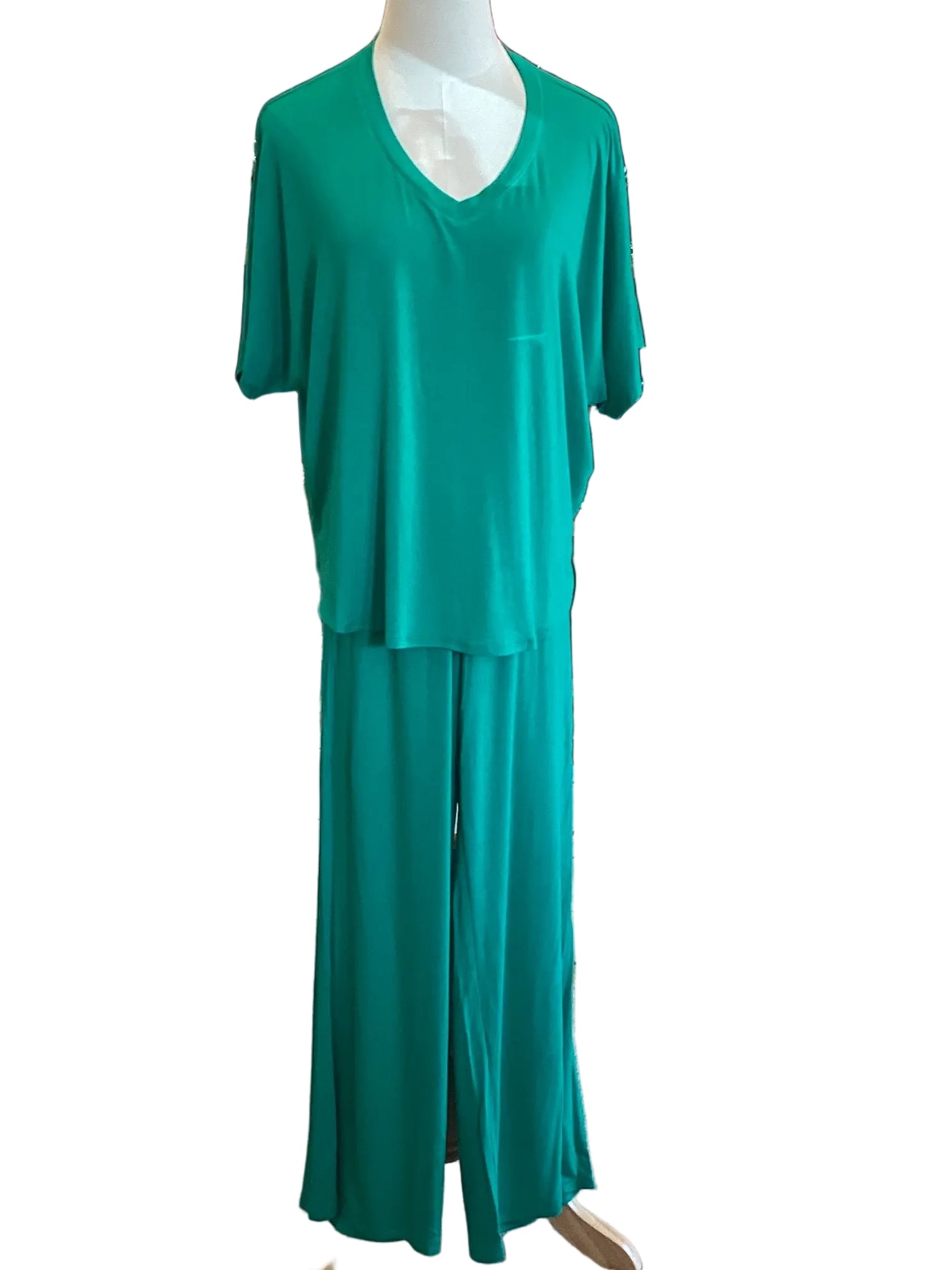 Zenana Kelly green wide leg short sleeve lounge set