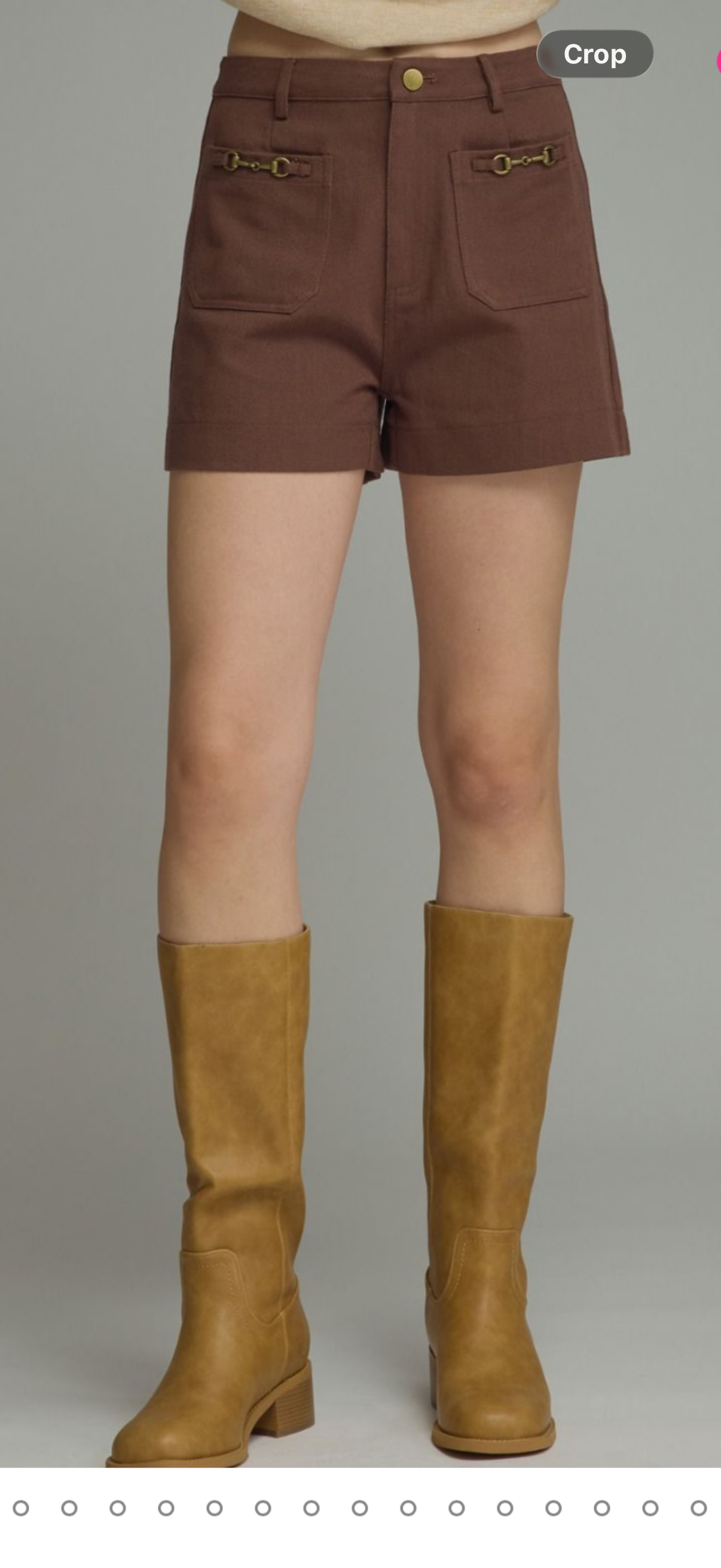 Entro brown denim shorts w/front and back pockets, front pocket buckle accent