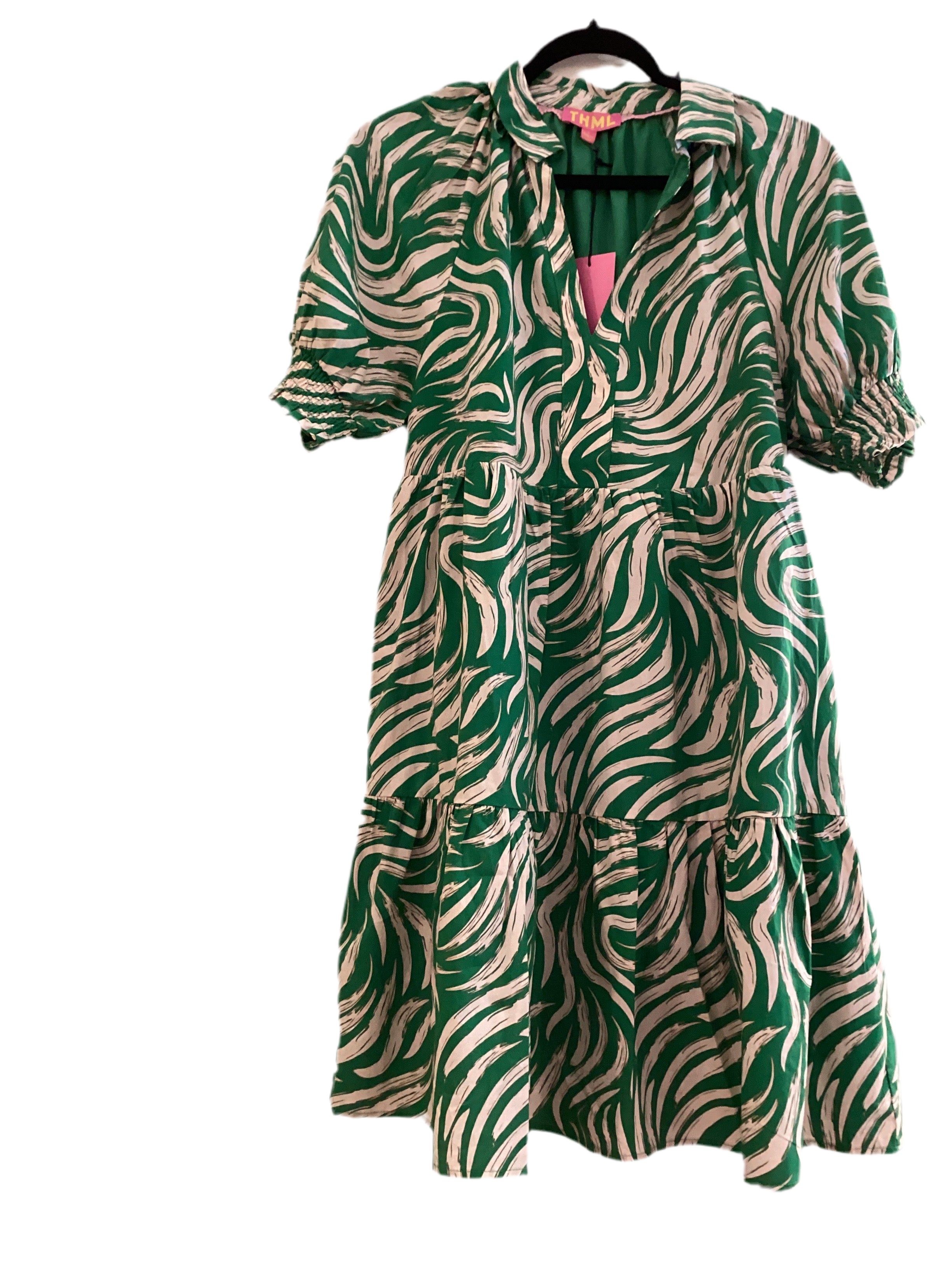 TMHL green/beige dress w/puff sleeve bottom ruffle