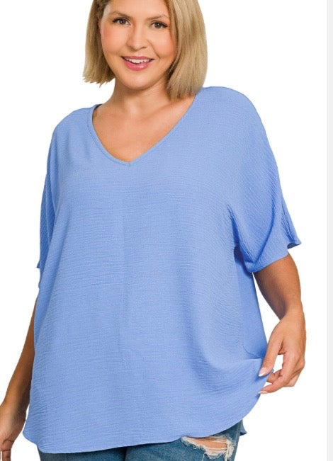 Zenana Cornflower blue V-neck short sleeve top