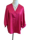 Gigio fuchsia satin v neck loose fit tunic with puff sleeve