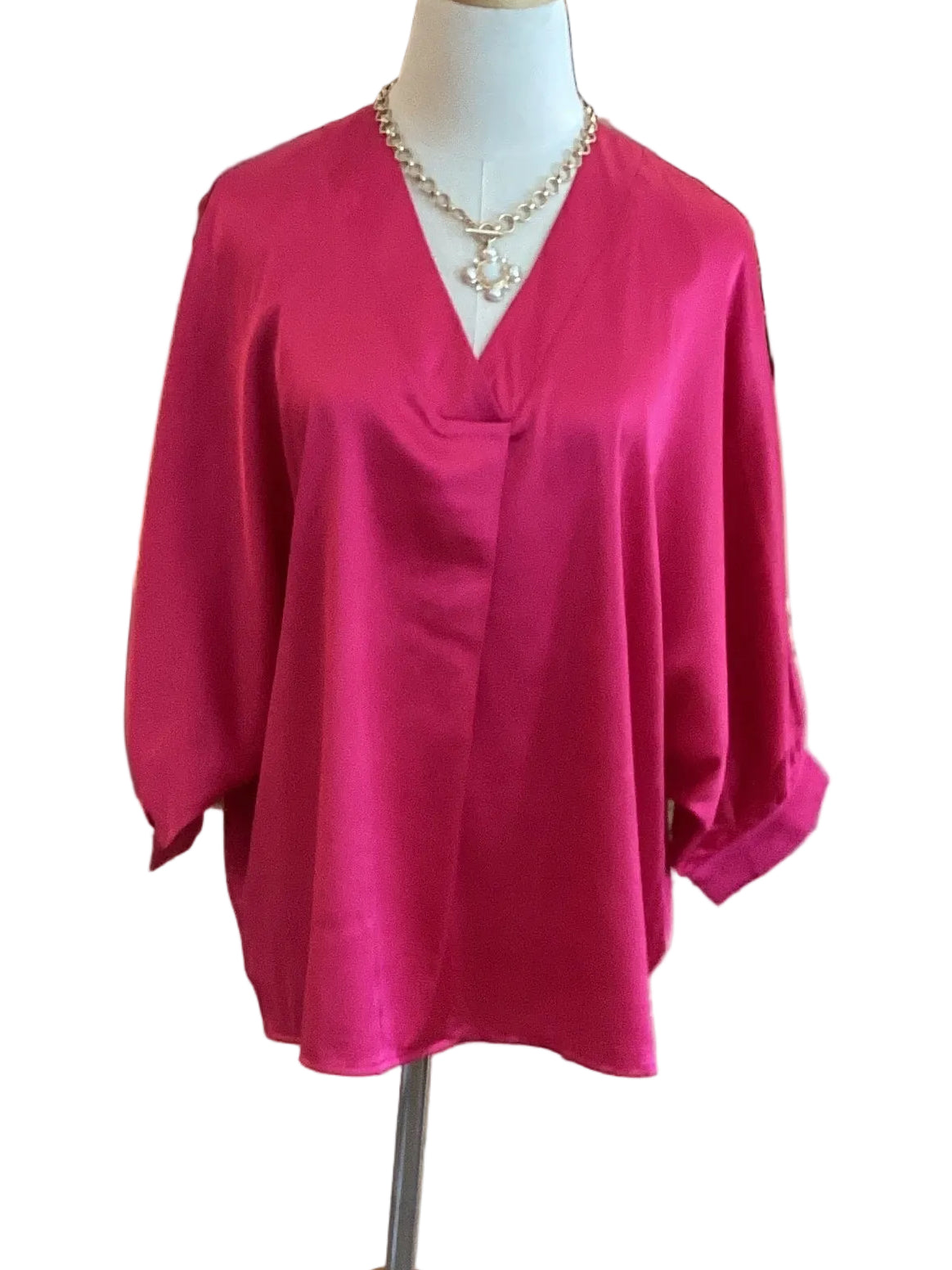 Gigio fuchsia satin v neck loose fit tunic with puff sleeve