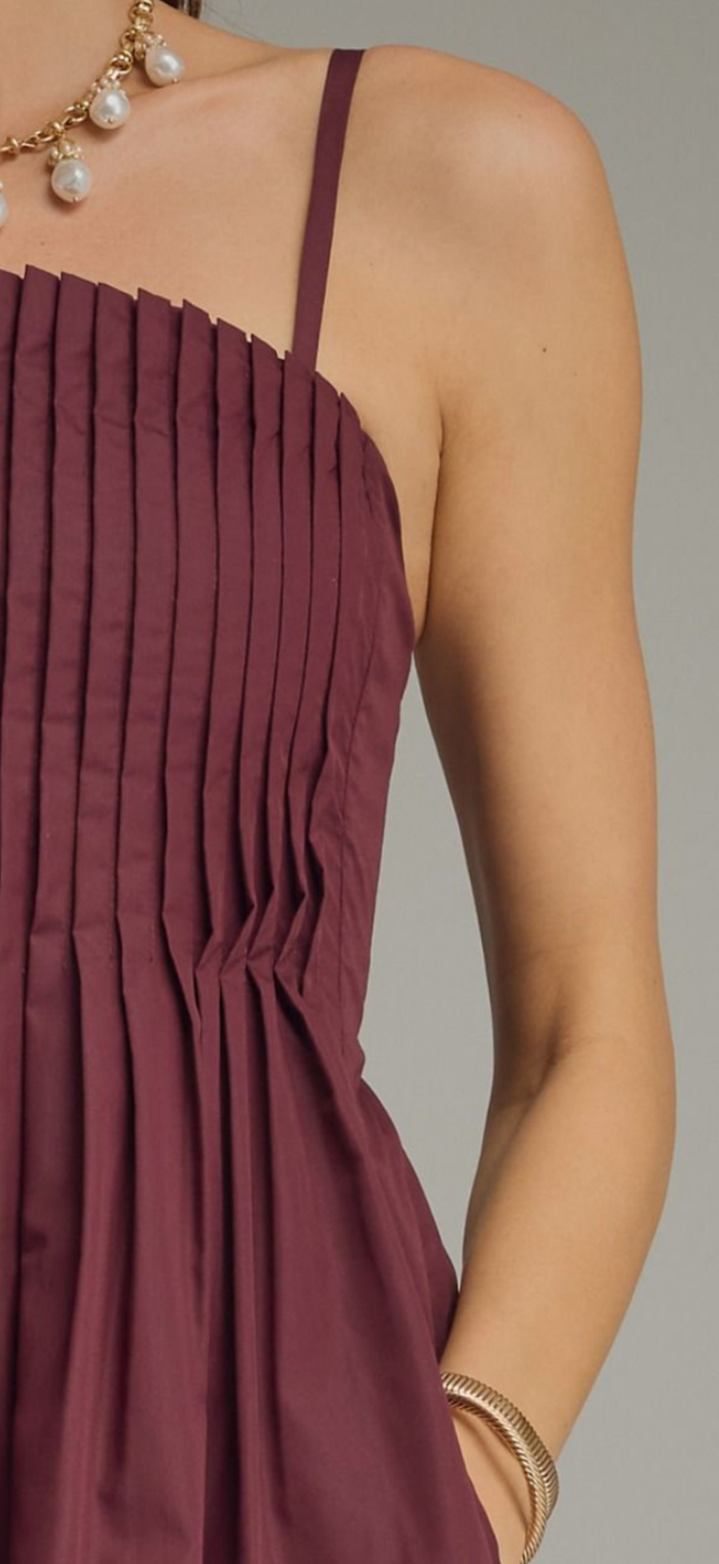 Entro Merlot spaghetti strap pleated bodice dress with elastic back