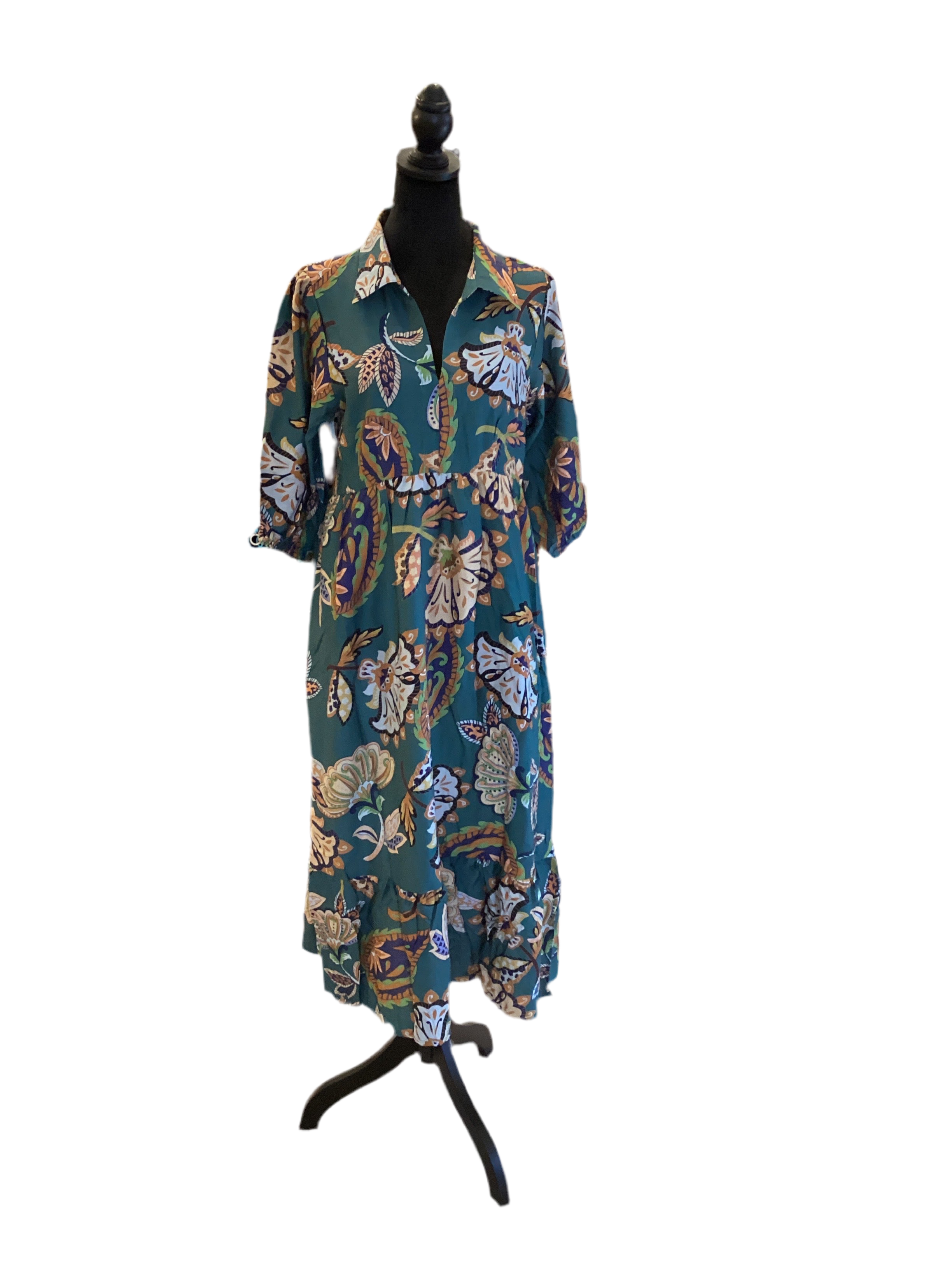Umgee teal with flower print,  collared midi dress