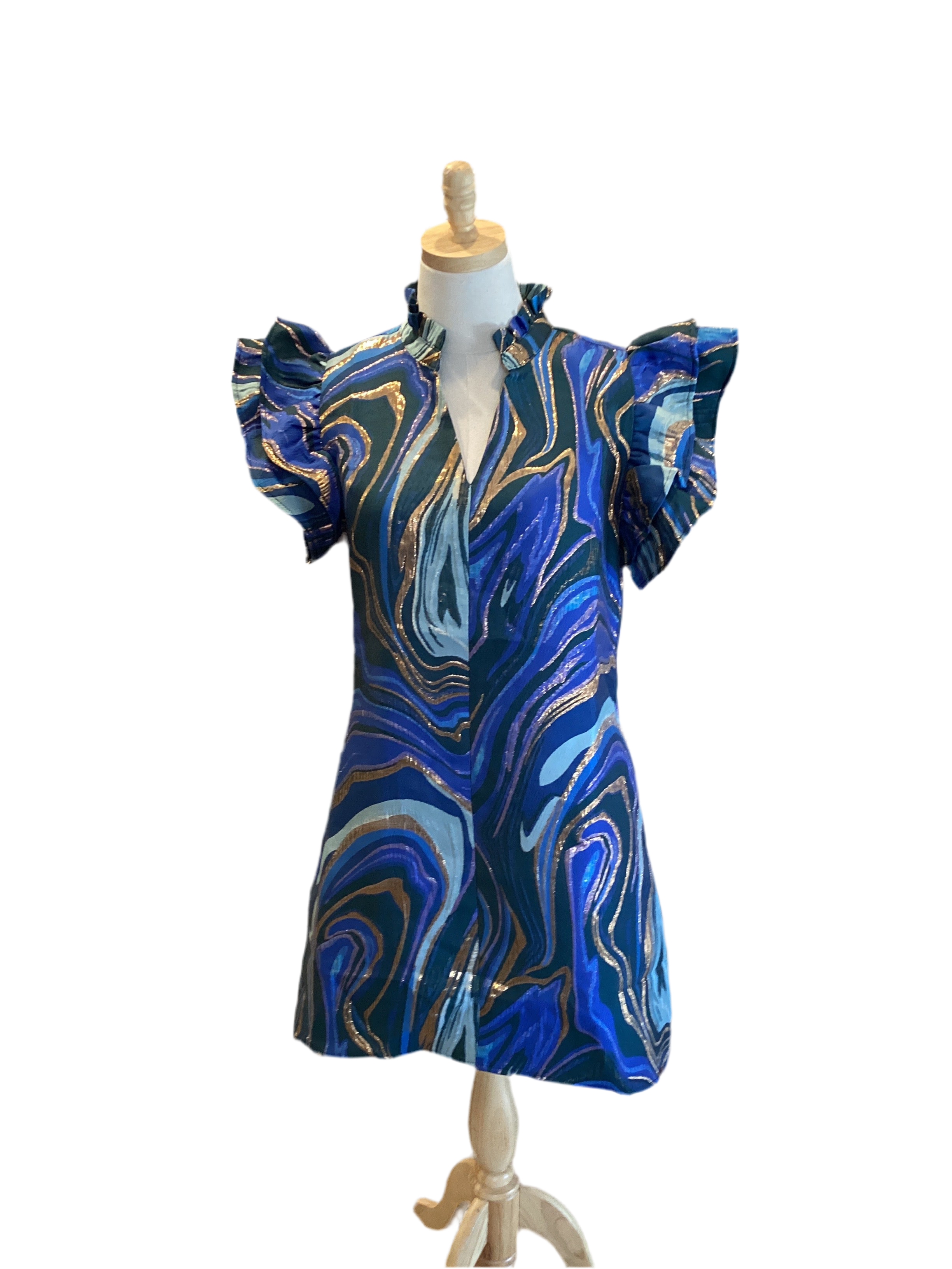 Jodifl royal mix dress with gold swirls, ruffle collar / sleeves