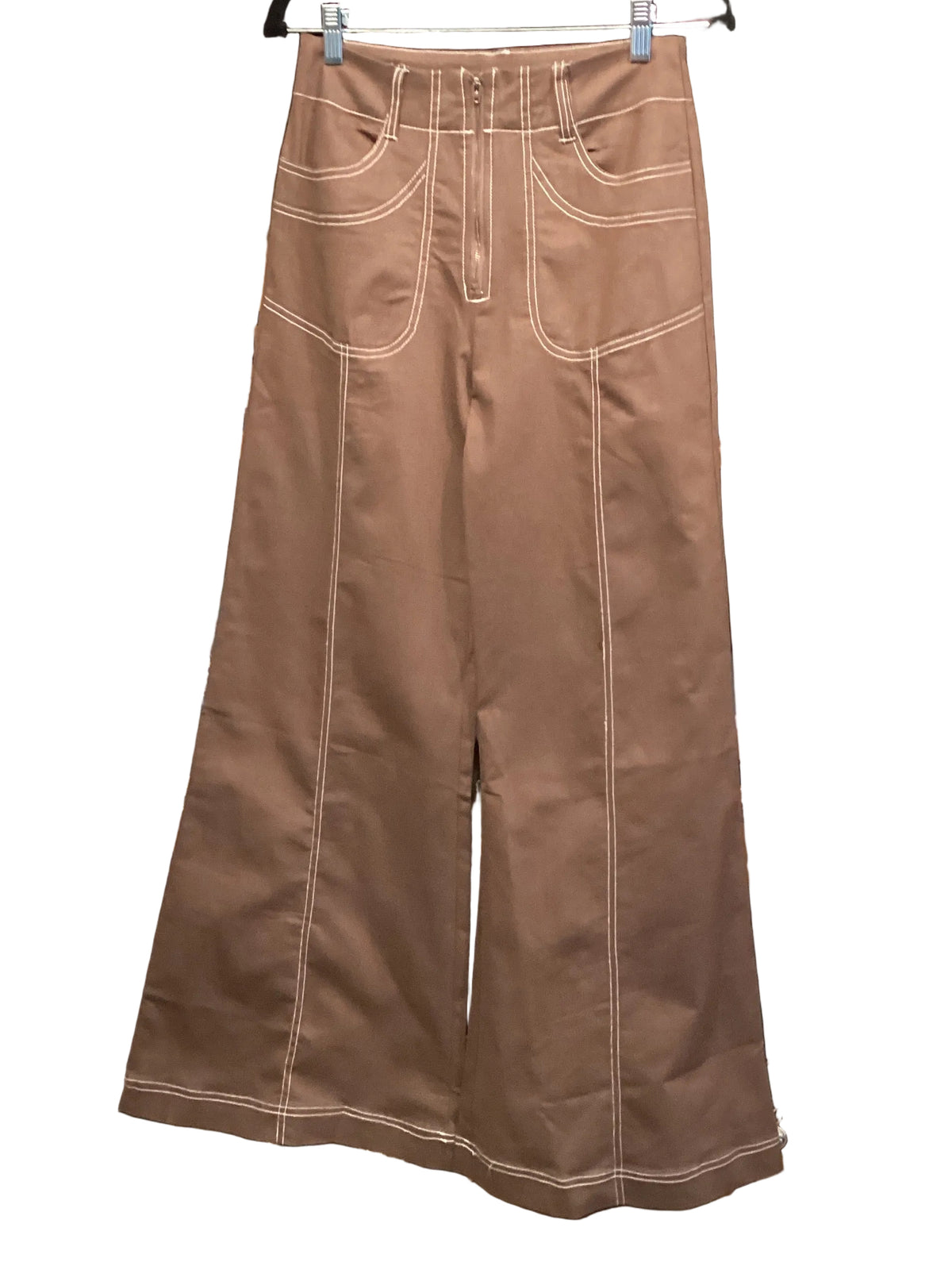 GiGio espresso stretchy denim like wide leg exposed zipper pants with stitch detail