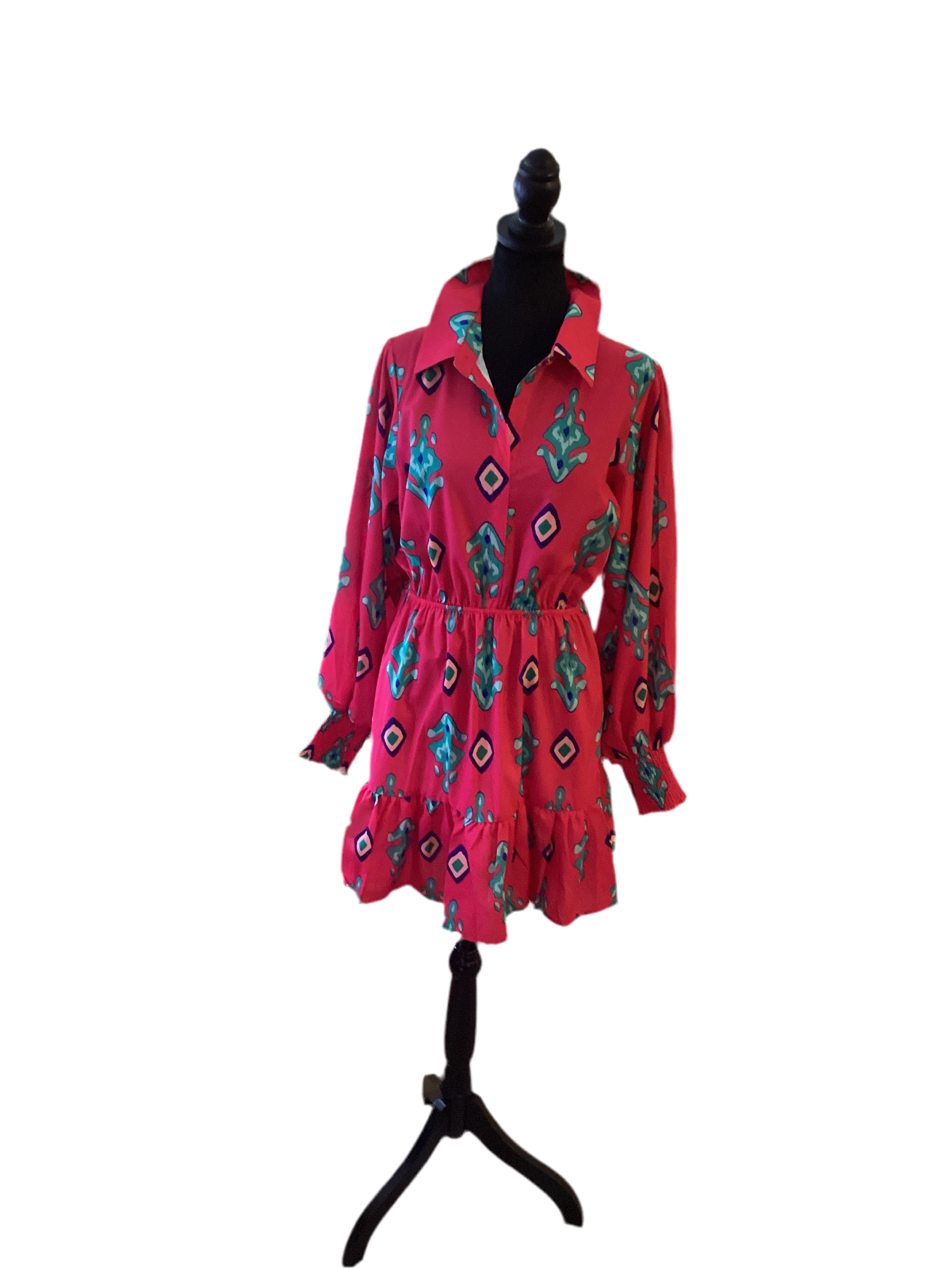 First love dress with blue teal green designs, cut sleeve and ruffled hems  ￼