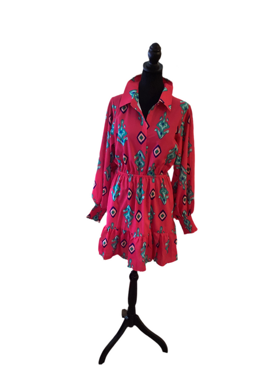 First love dress with blue teal green designs, cut sleeve and ruffled hems  ￼