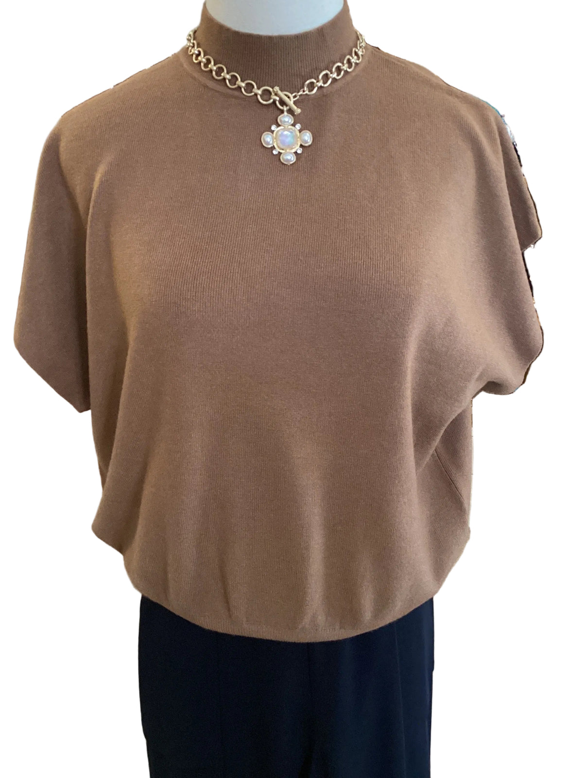 Zenana deep camel cap sleeve mock neck sweater