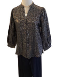 Lior foil black leopard button down blouse with v neck & long sleeve