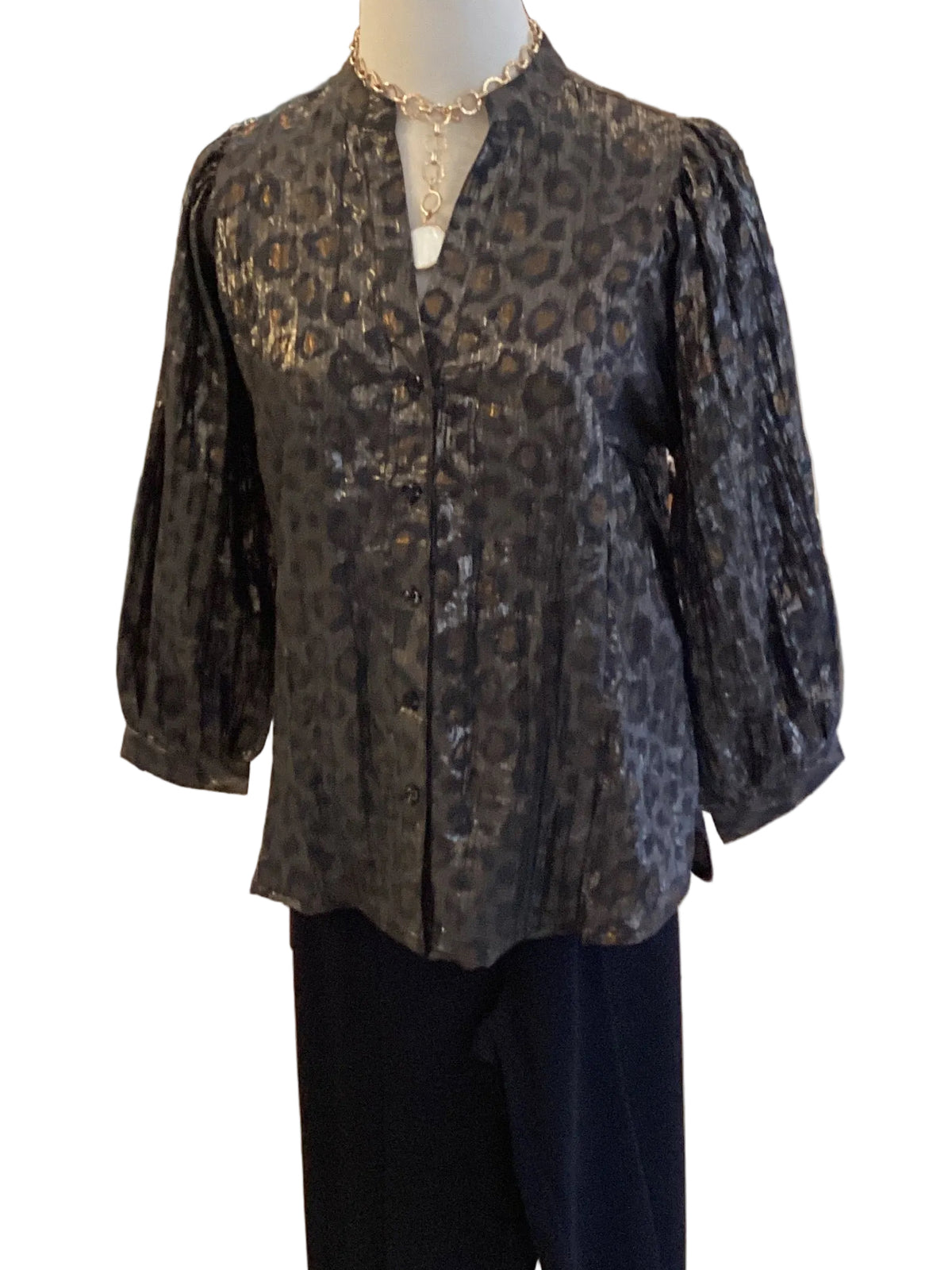 Lior foil black leopard button down blouse with v neck & long sleeve