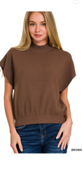 Zenana brown cap sleeve round neck sweater