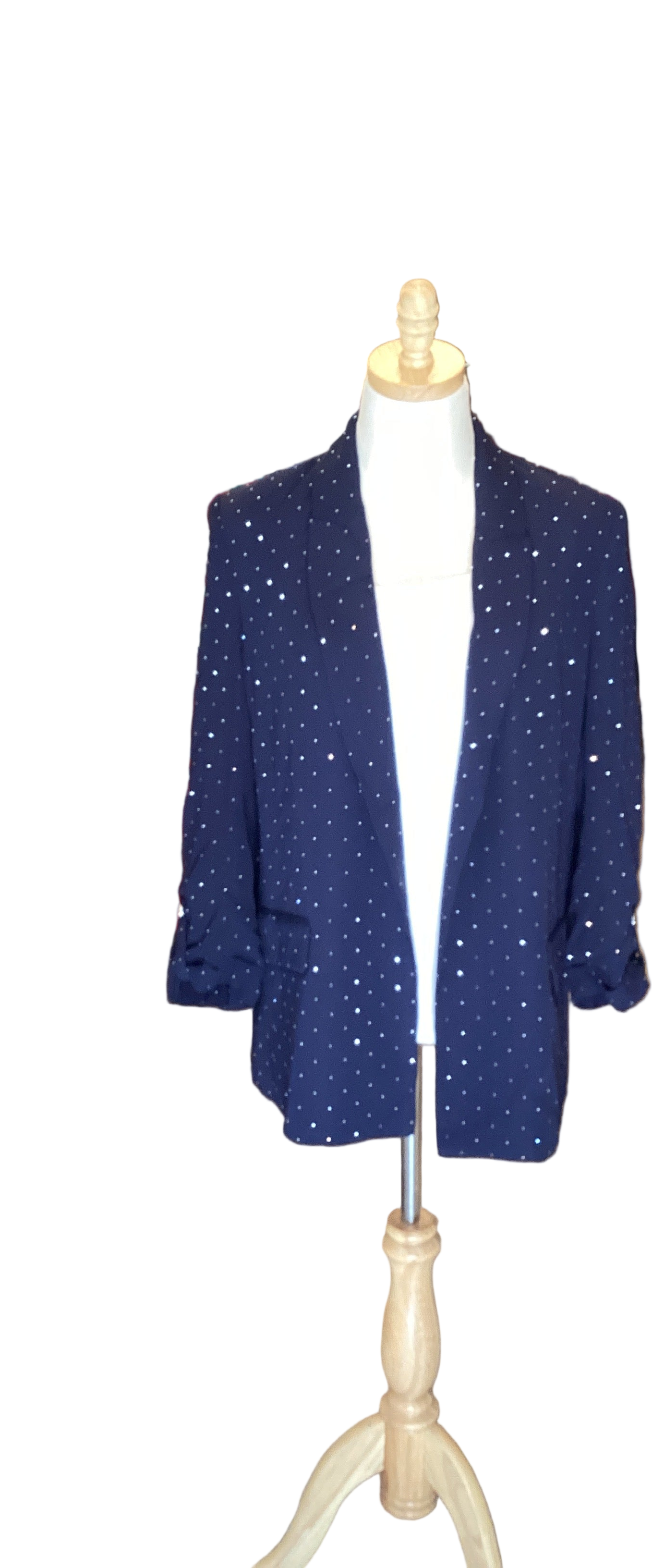 Spin midnight blue rhinestone blazer with sleeve tabs