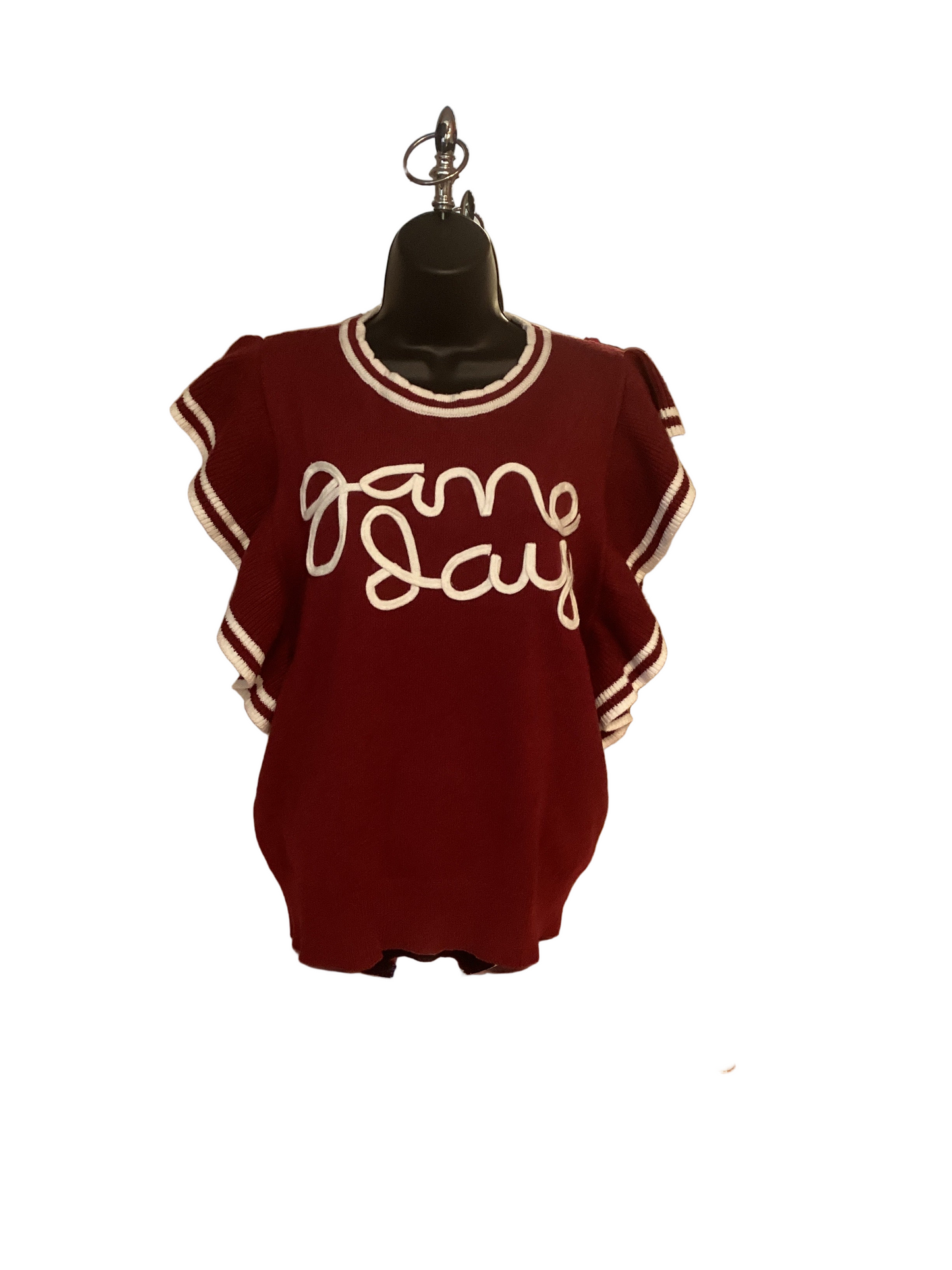 Sewn+Seen garnet and white “Touch Down” sweater