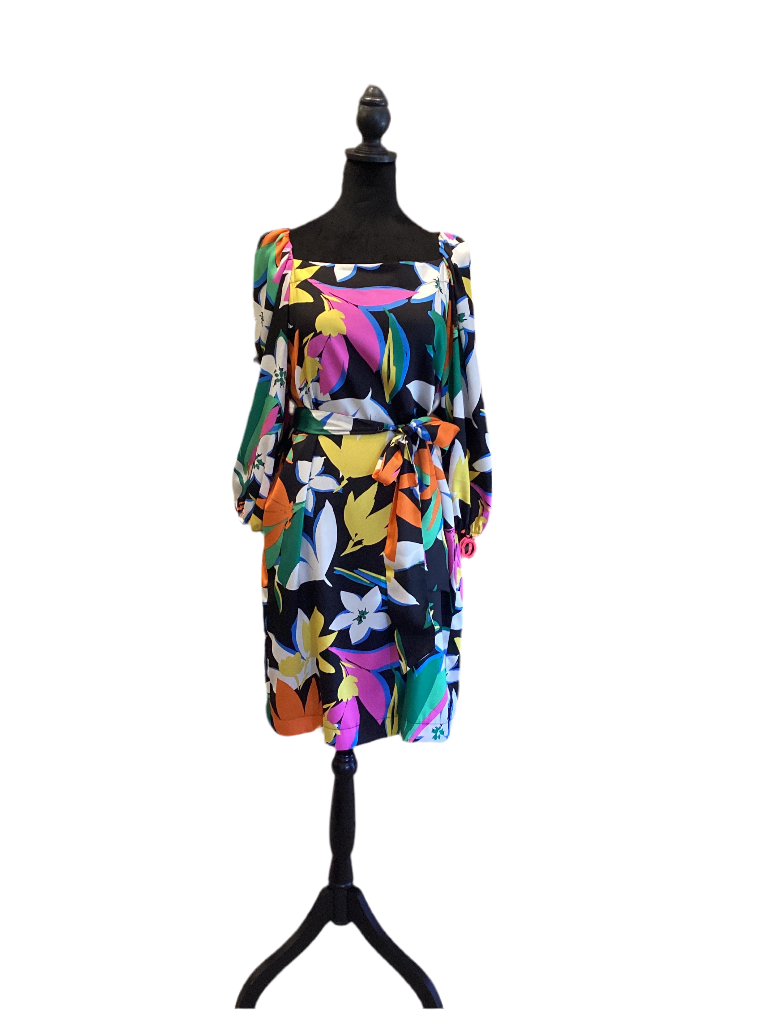 Joseph Ribkoff long sleeve multi color flower dress with sash belt