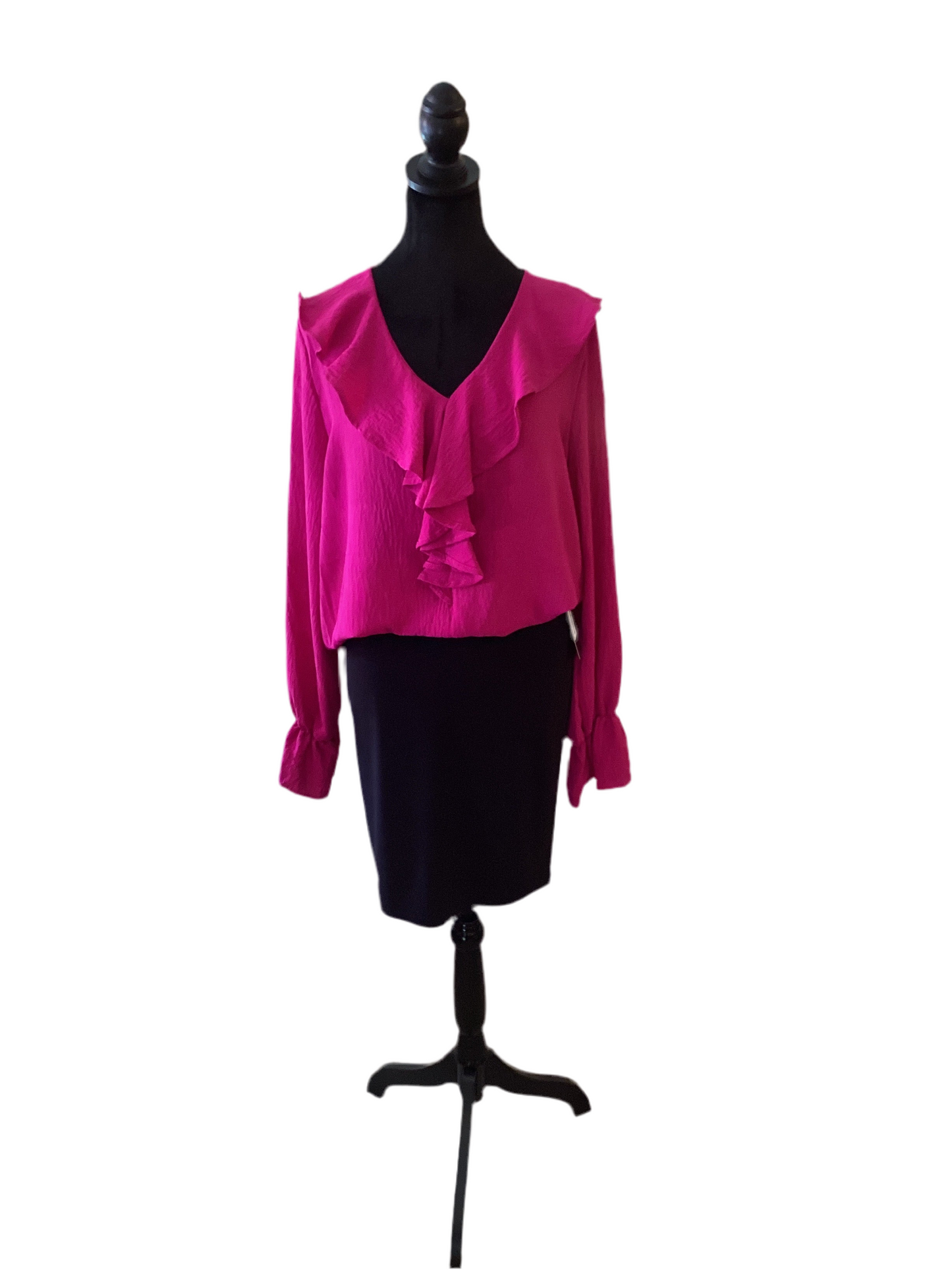 Two hearts, magenta, ruffle neck, long sleeve top