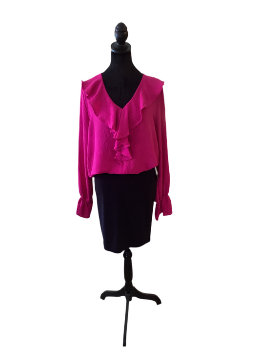 Two hearts, magenta, ruffle neck, long sleeve top