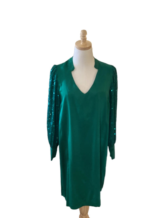 Michelle McDowell green dress with sequin sleeves
