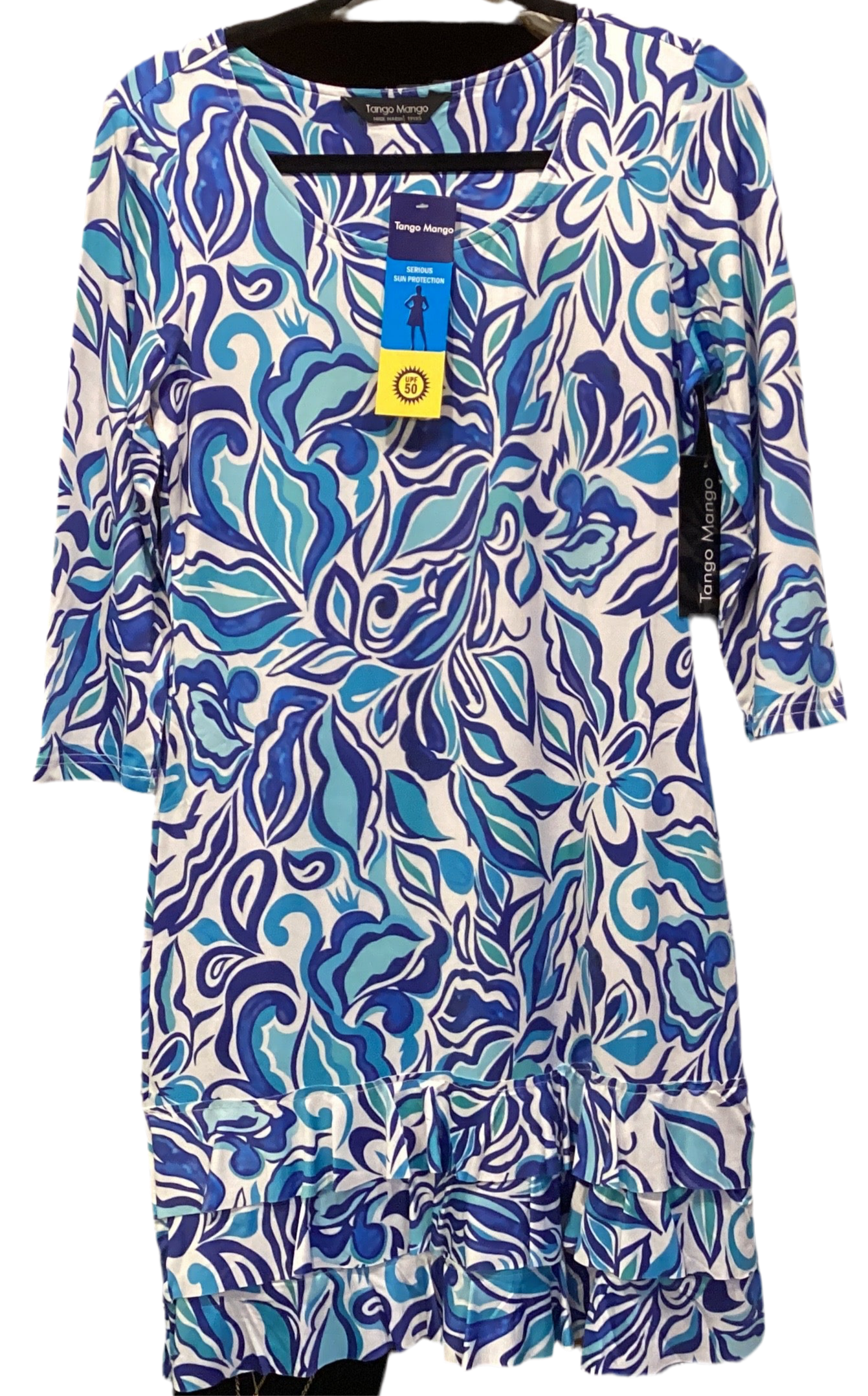 Tango mango blue/teal print dress with bottom ruffle