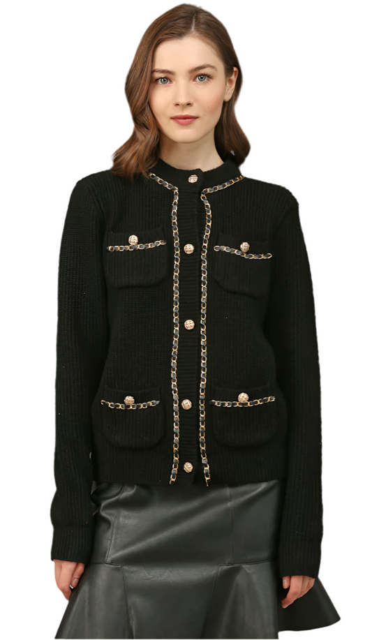 Black cardigan with gold chain button detail