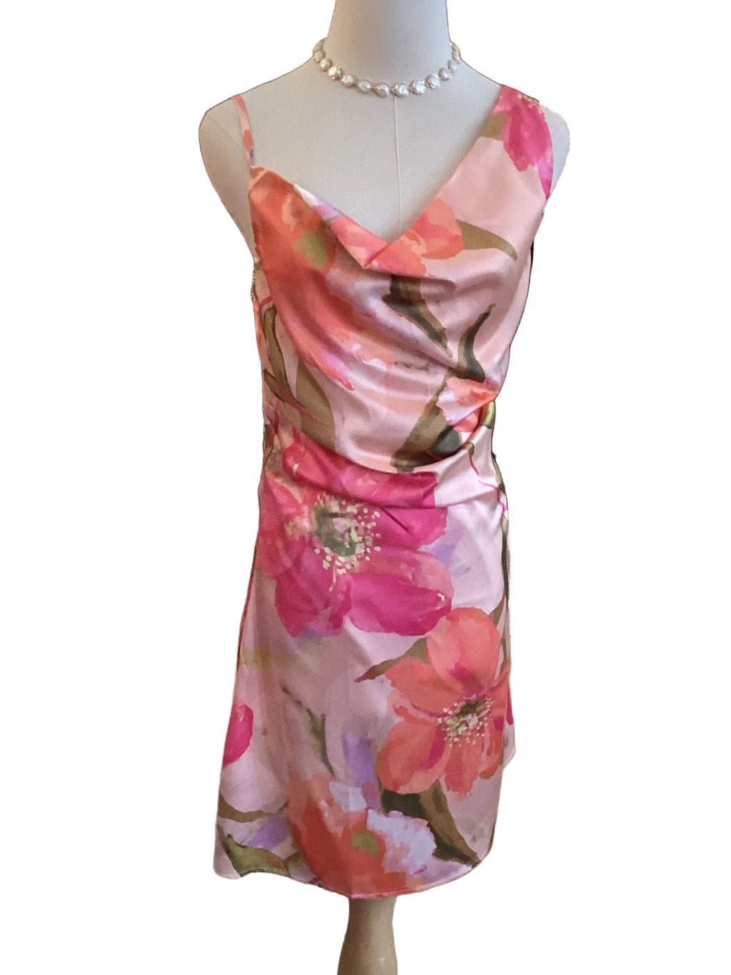 TCEC Pink Floral Satin Scoop Neck Dress
