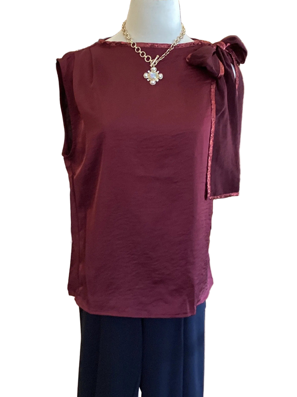 Glam burgundy asymmetric sleeveless side bow tie top