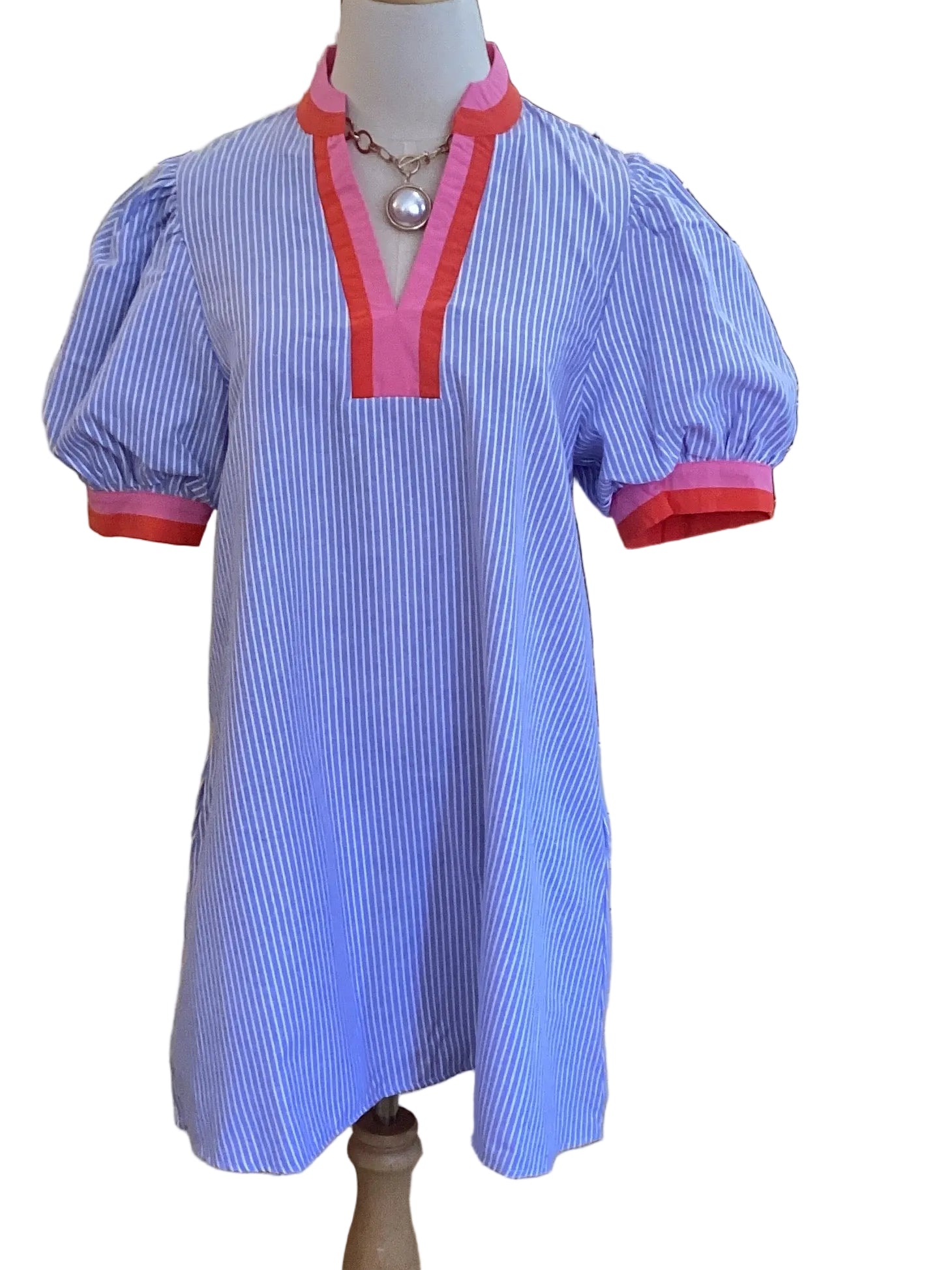 Beeson River Blue Striped V-Neck Puff Sleeve Dress with Contrast Trim