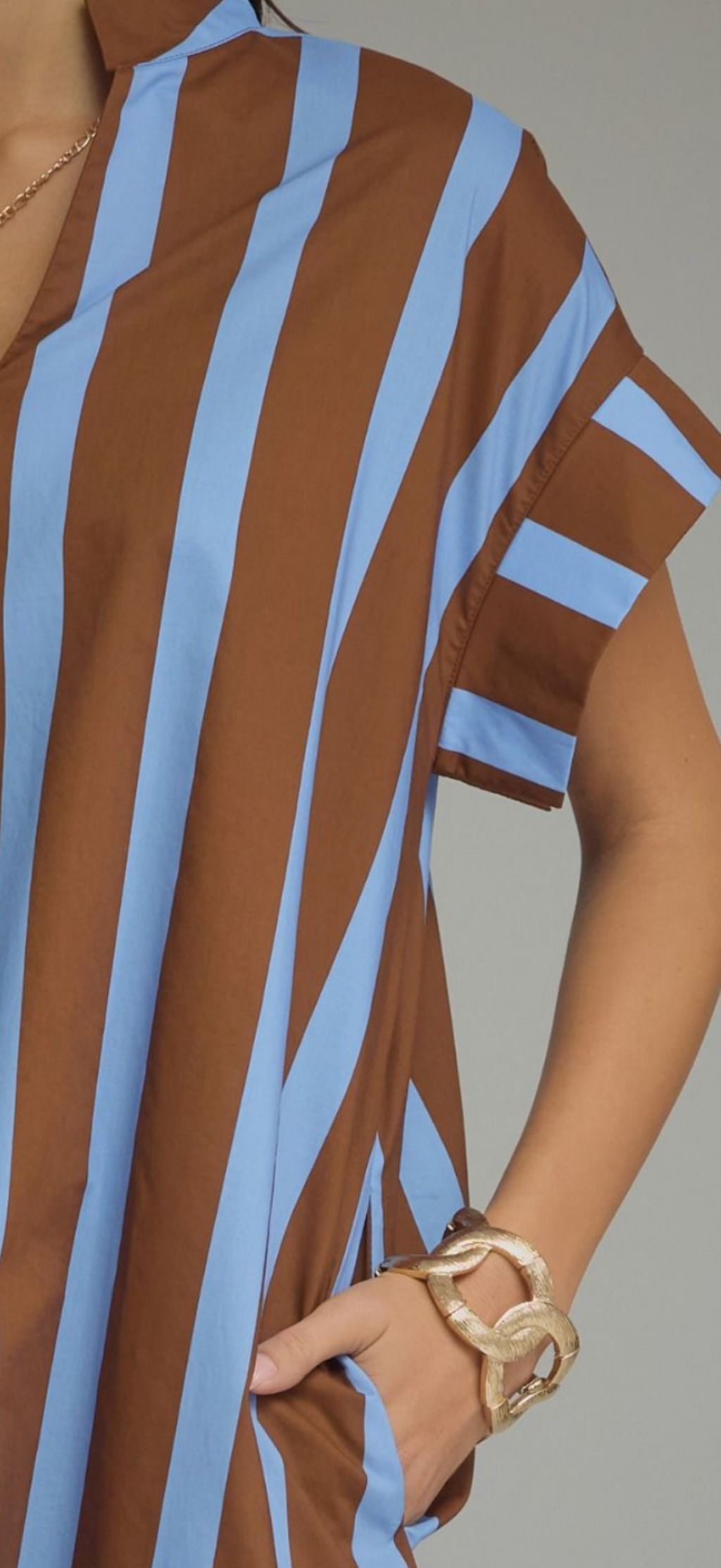 Entro brown/blue stripe v neck, cape sleeve dress
