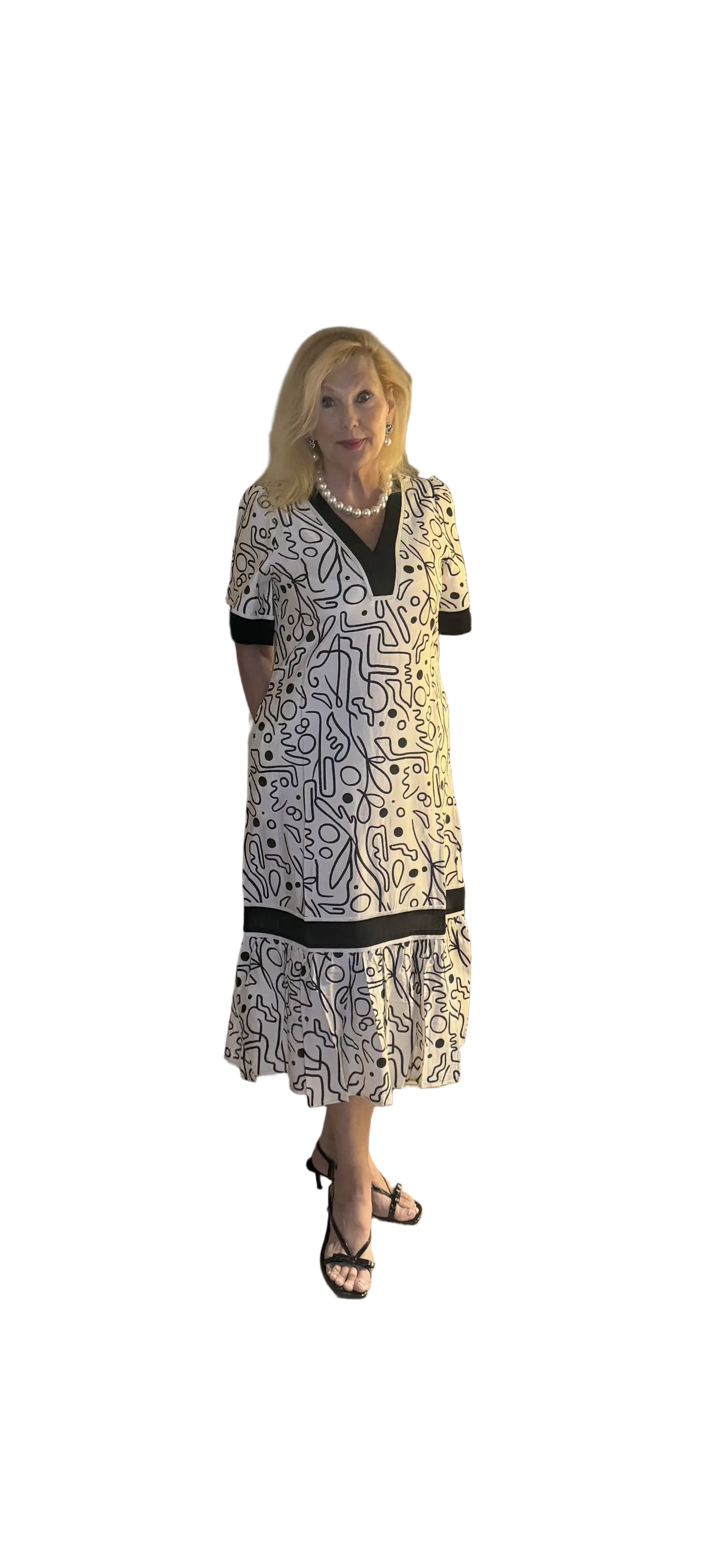 Lior ivory black v neck short sleeve maxi