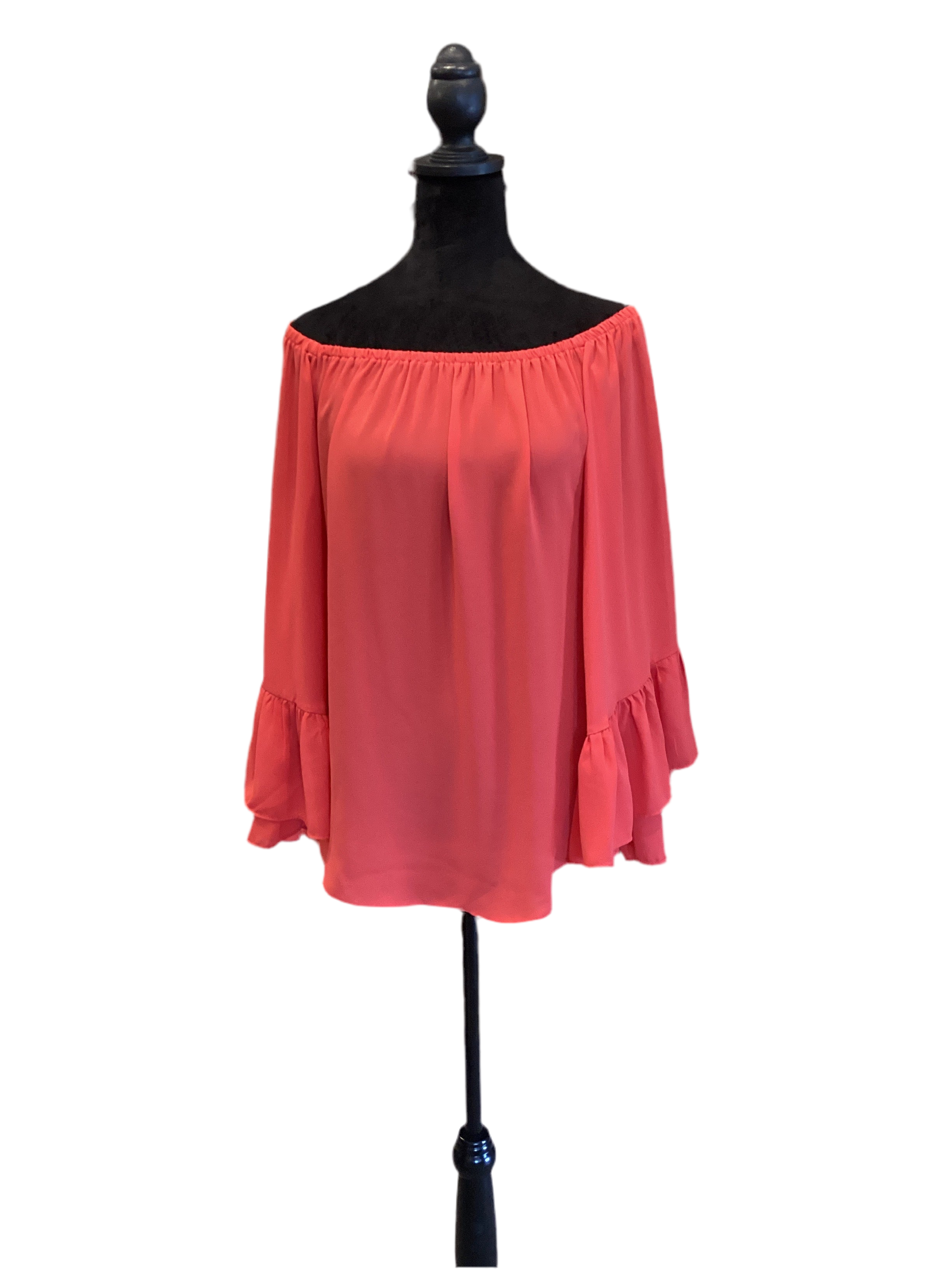 Joseph Ribkoff orange blouse with bell ruffled sleeve