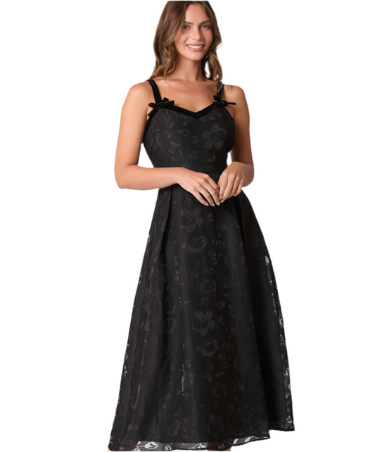 Floral Jacquard Organza Black Dress