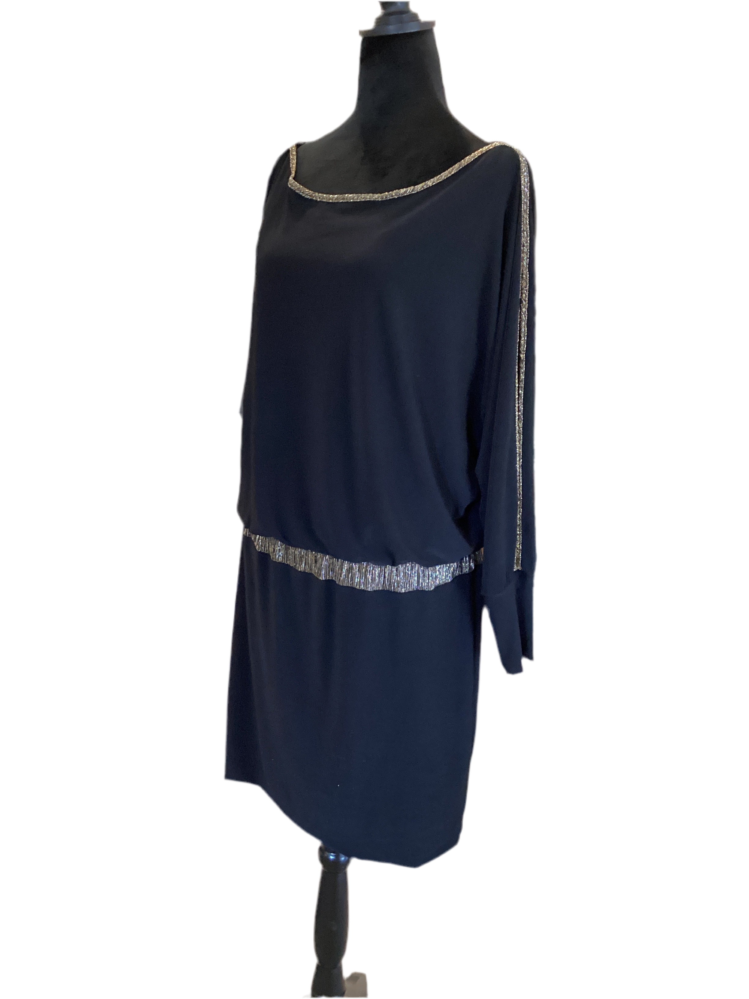 Frank Lyman black dress with long sleeve &gold trim