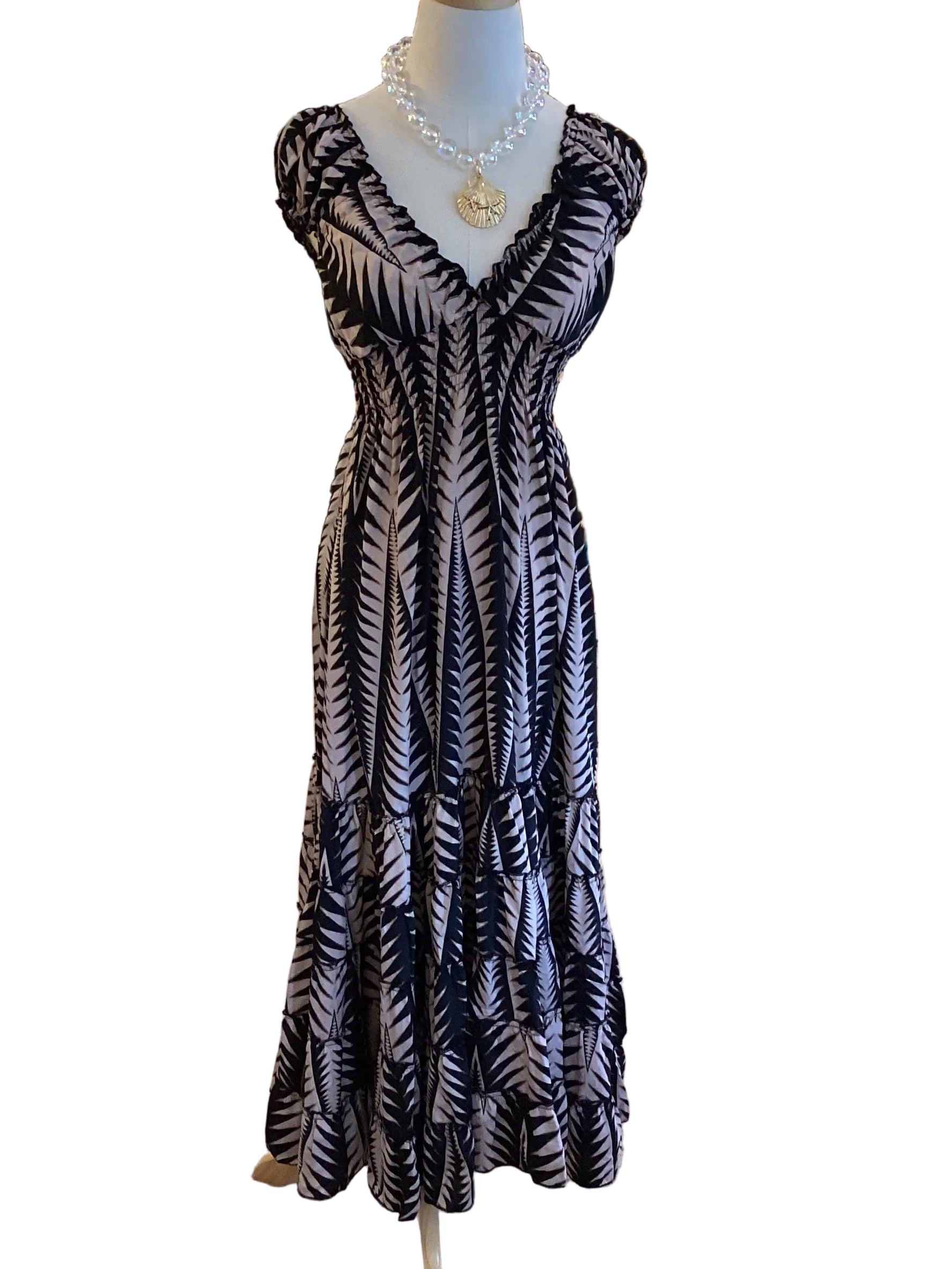 Paani Lov black taupe gold smocked cap sleeve v neck maxi