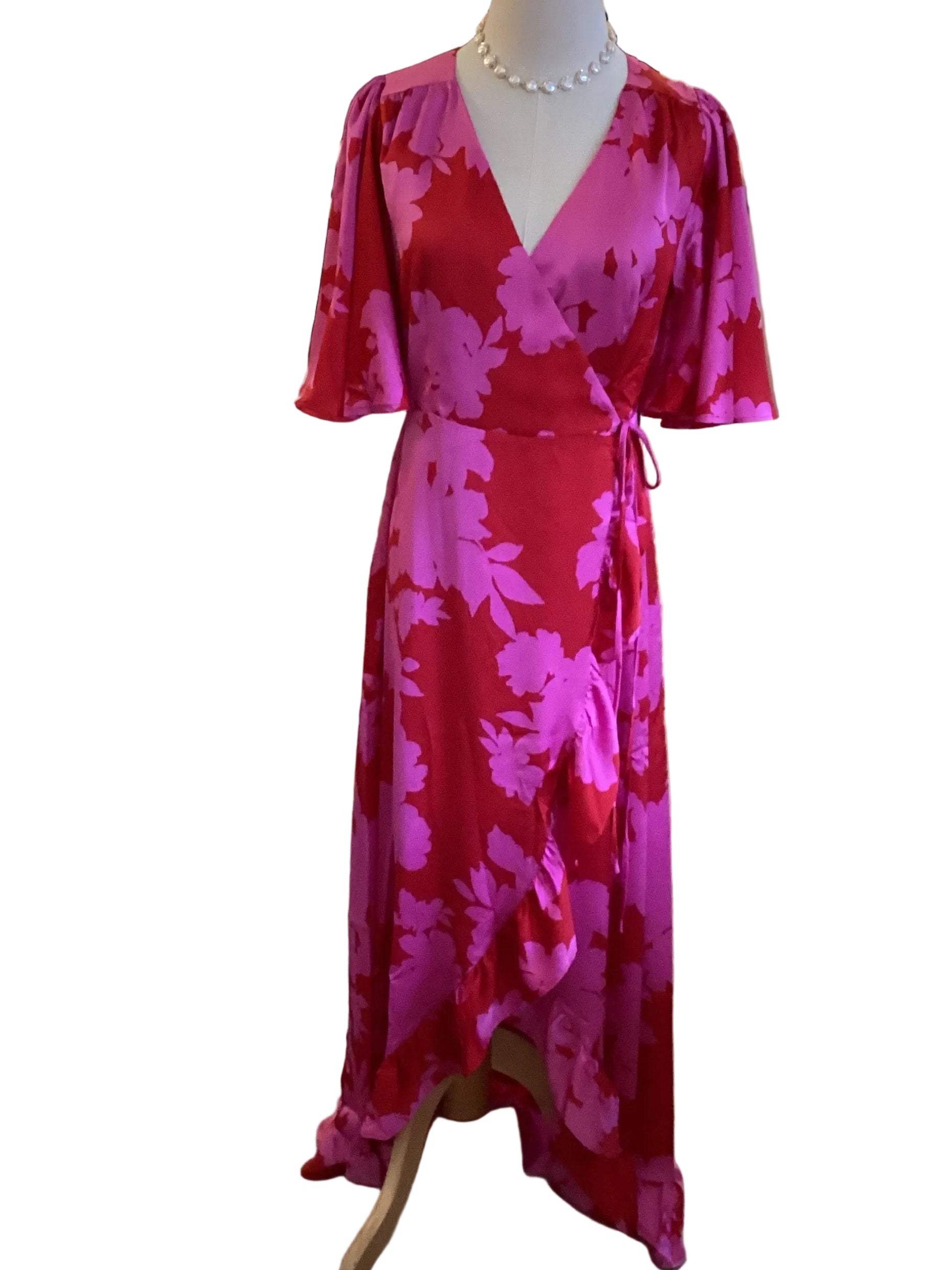 Sugar lips, cherry pink, high, low maxi wrap dress