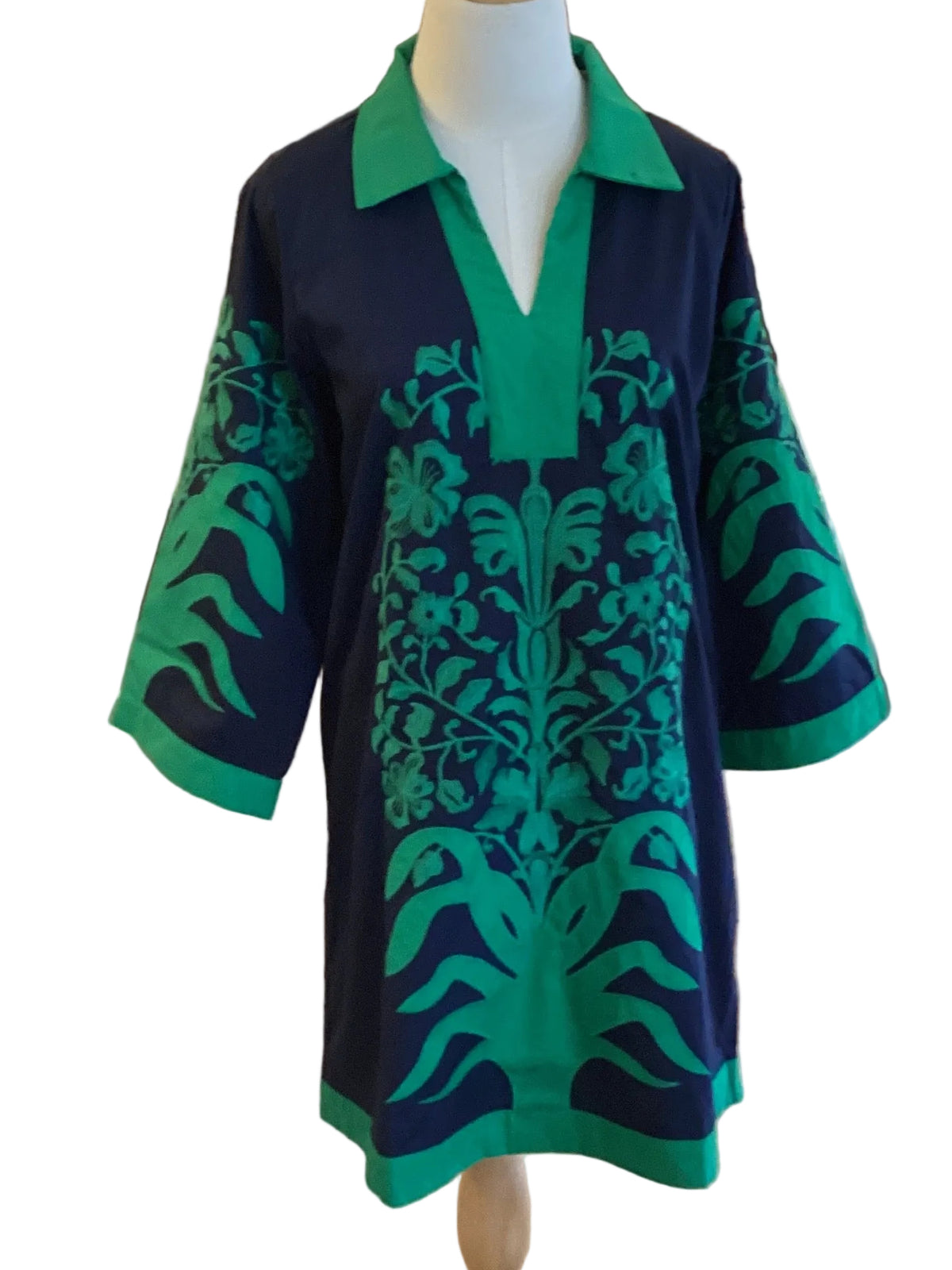 Jodifl navy long sleeve dress with green trim and applique