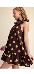 Glam Brown tie neck sleeveless lime polkadot mini dress