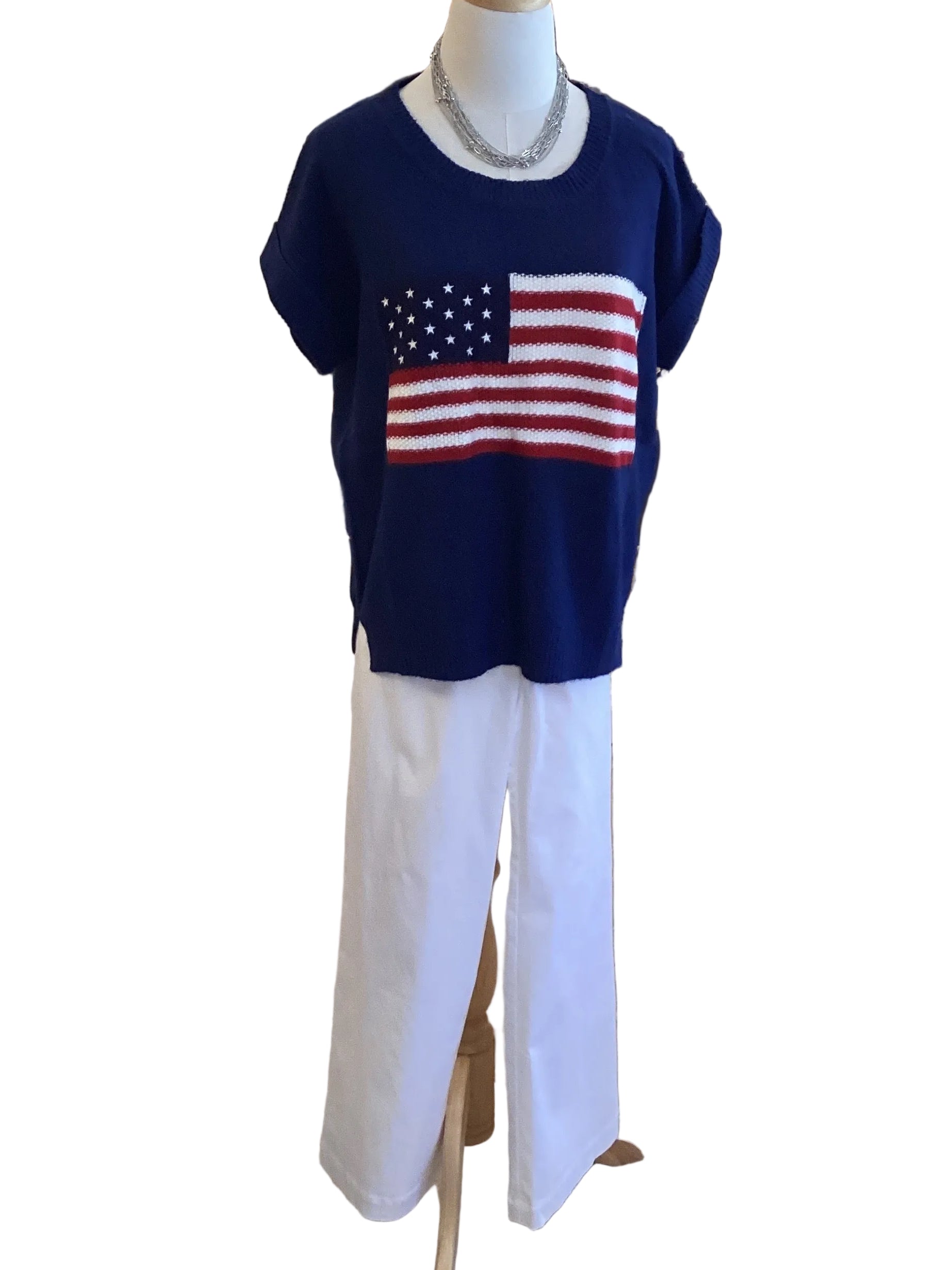 LovLov Navy 4th of July American Flag Knit Top