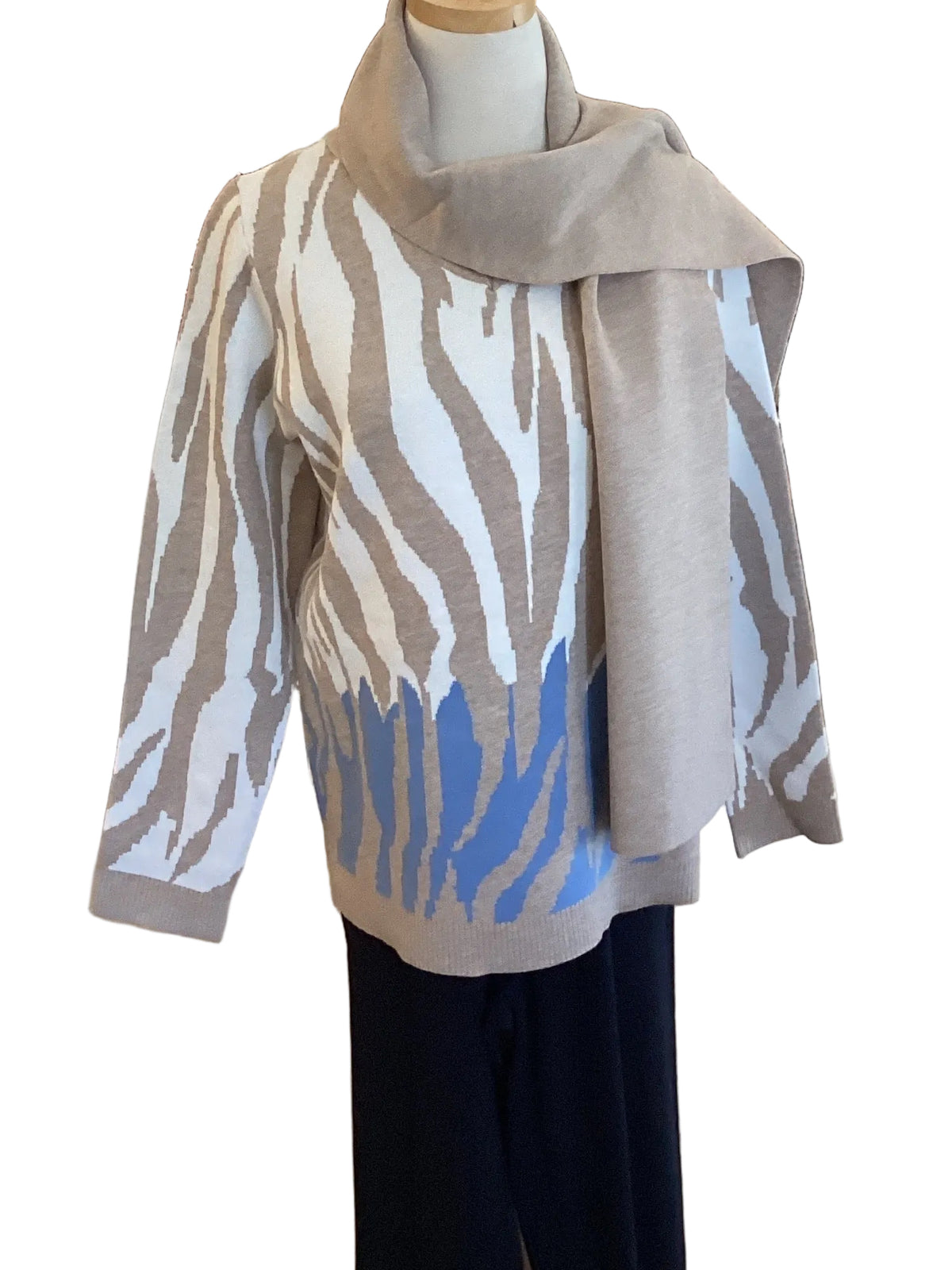 Picadilly cream,tan,blue animal print sweater with scarf