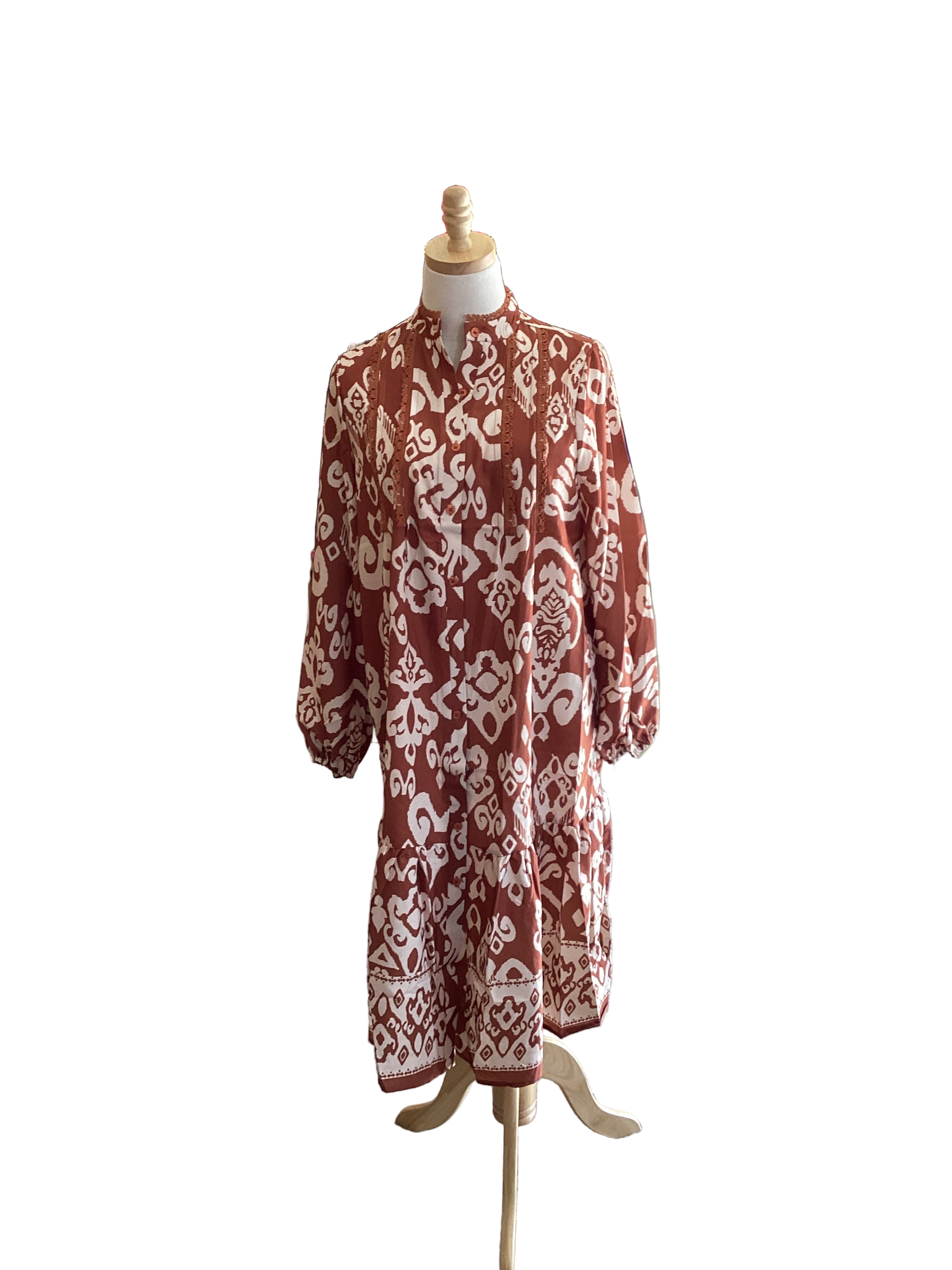 Sundayup brown ivory button up long sleeve midi with lace accent
